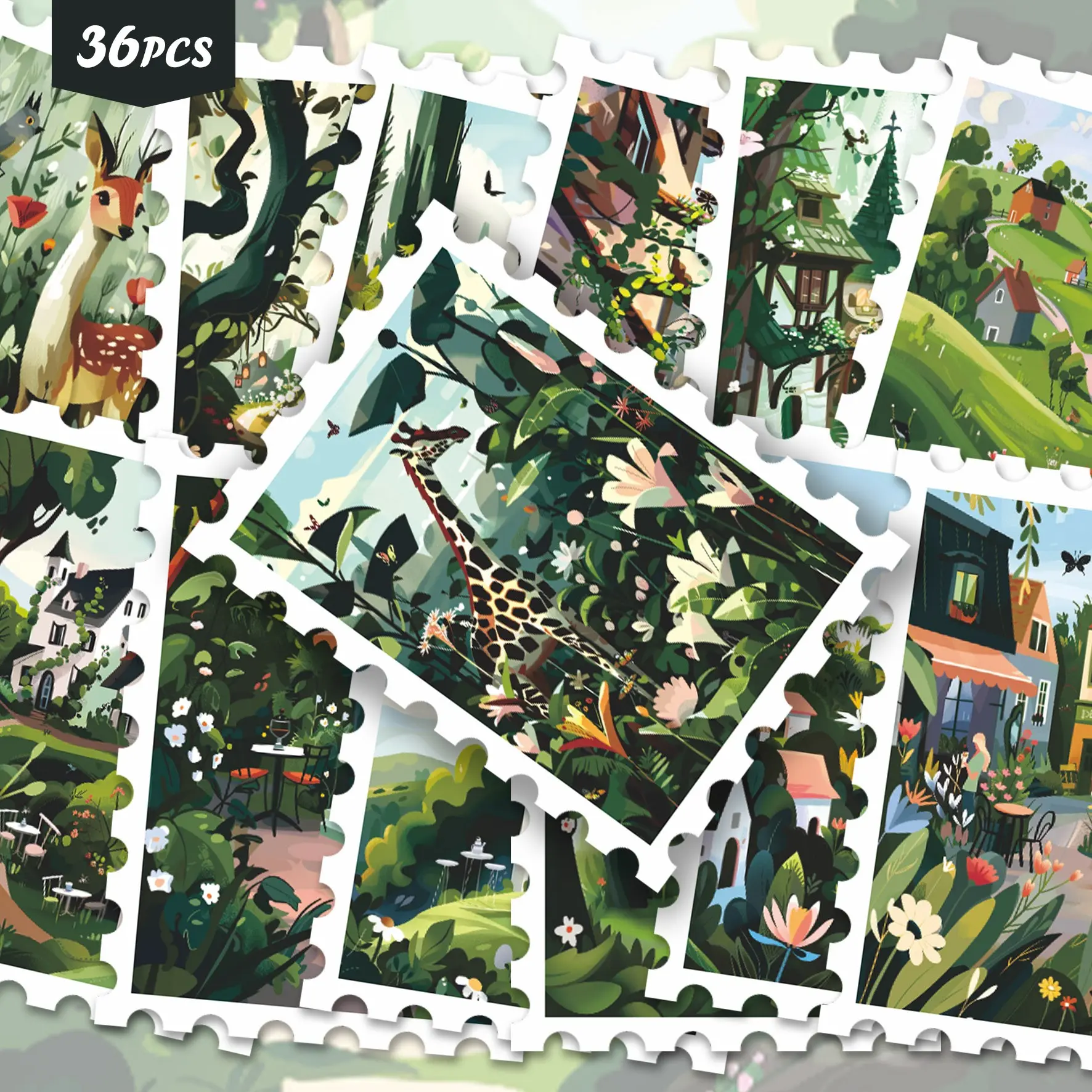 36pcs Lush Green Jungle Animal Village Stickers Pack | Aesthetic Deer Giraffe Floral Forest Cottage Countryside Stamp Graphics | Vinyl for Water Bottles & Tablets