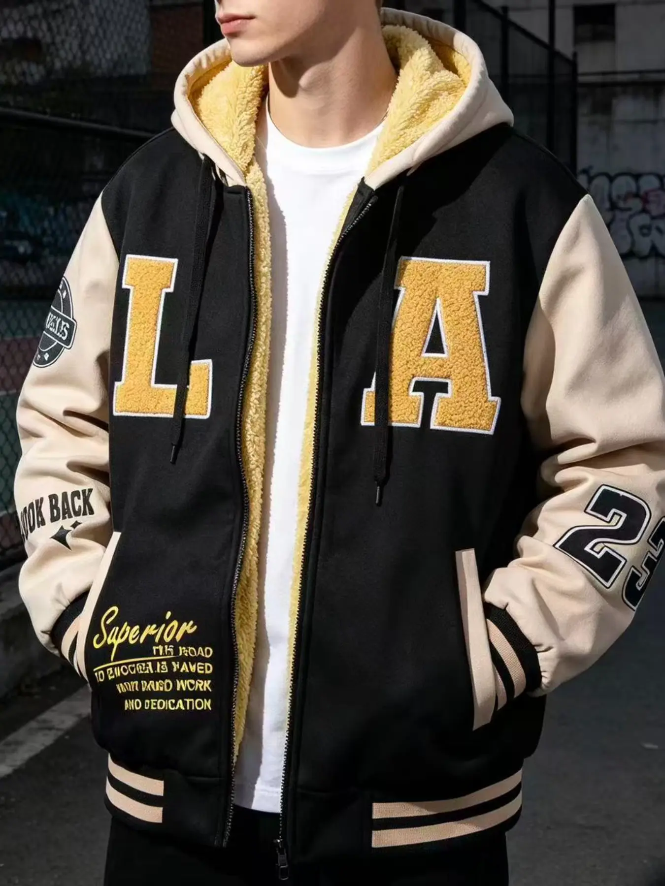 Men's La Letter Print Hooded Baseball Jacket, Fleece Lined Zipper Patchwork College Coat, Casual Hip Hop Long Sleeve Outerwear
