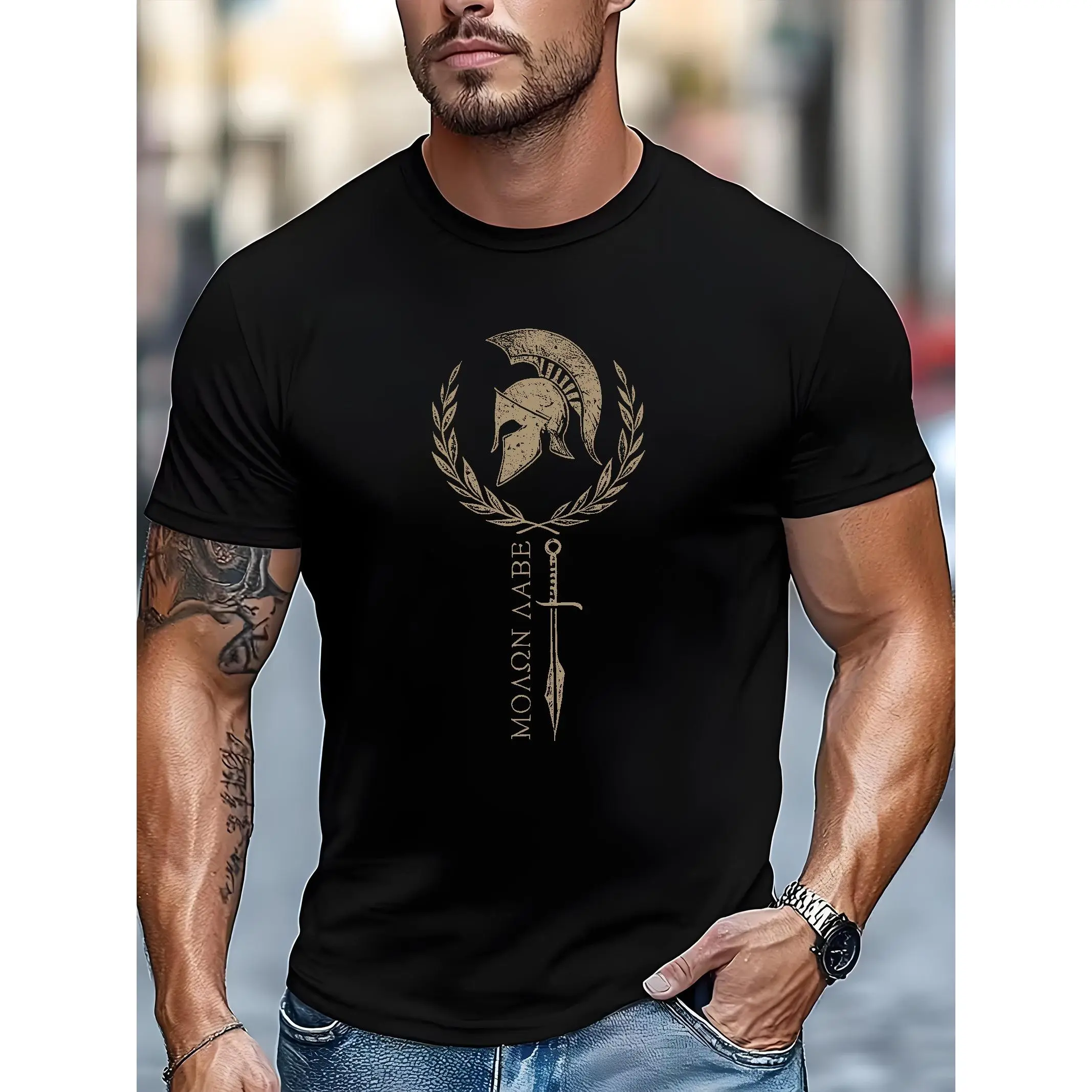 Men's Spartan Warrior Graphic Print Cotton Garment Cloth, Style No. Spartan-3997 with Greek Key Pattern - Soft Shortsleeve Lightweight Breathable Tee, Ideal for Summer Gym Training, Daily Casual Outfits, Classic, Tshirt, Top, Fabric