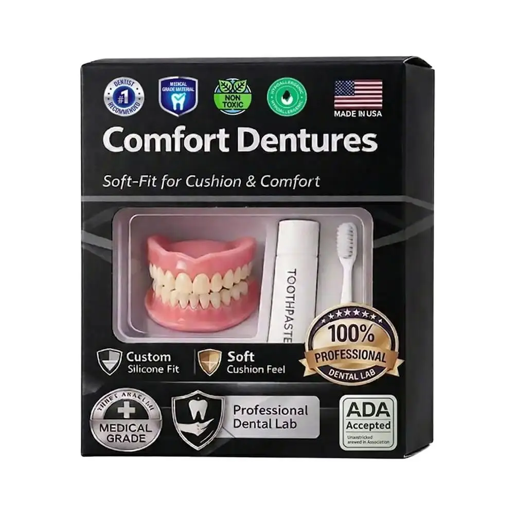 Moldable Silicone Denture Set, Upper & Lower Natural Ivory False Teeth Kit, Instant Smile with Free Toothbrush & Toothpaste