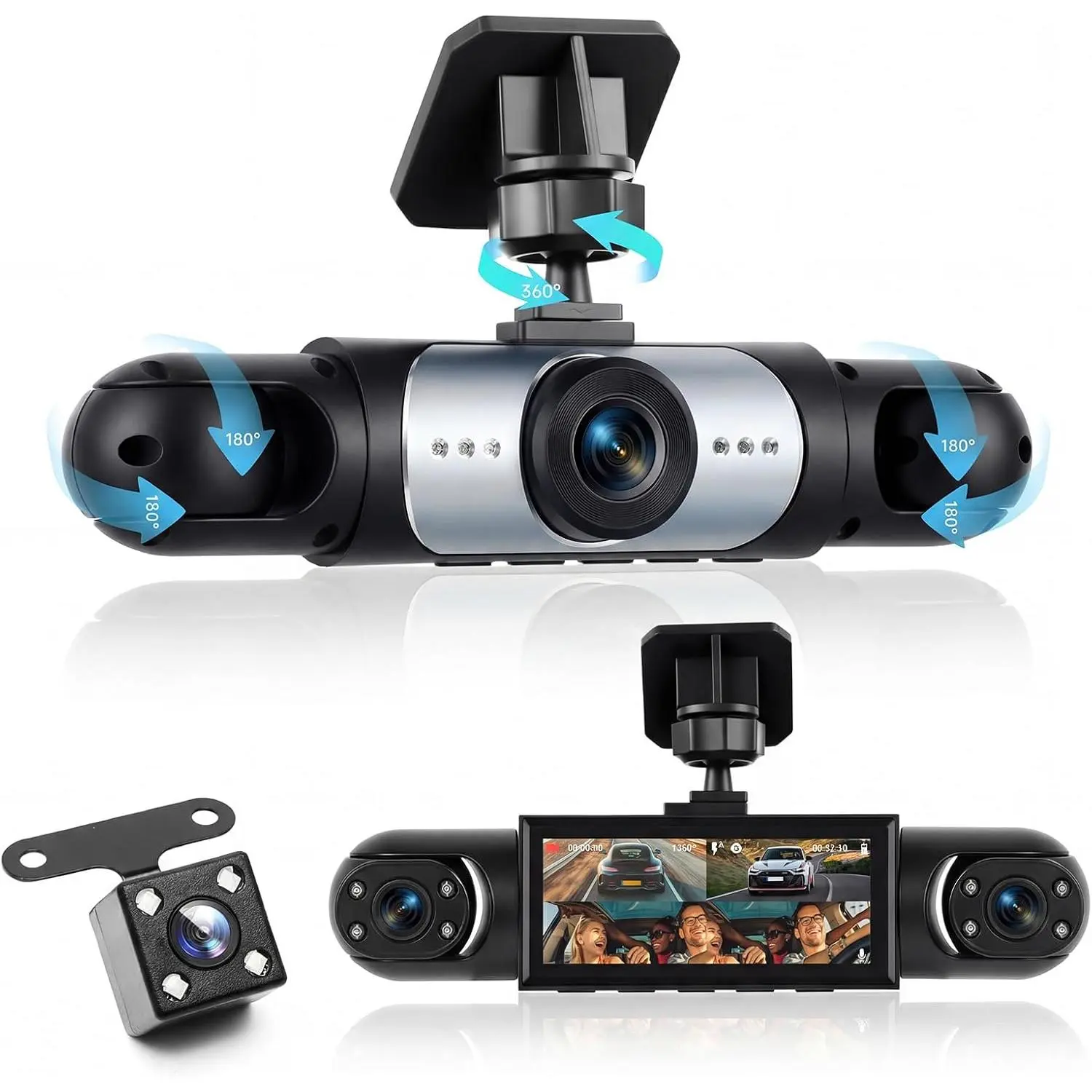 Rimoody 4 Channel 360° Dash Camera Front and Rear Inside Left Right, 3.16 Inch Dash Cam for Cars,Sensitive Motion Detection 24/7 Recording Parking Mode Monitor Reversing Help, no memory card