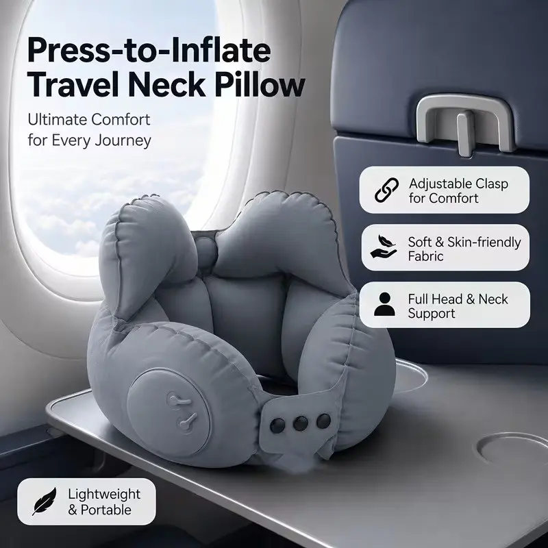 Portable Inflatable Travel Neck Pillow, One-Button Compression Cushion, Comfortable Head and Neck Support for Airplane, Car, Office Nap, Camping