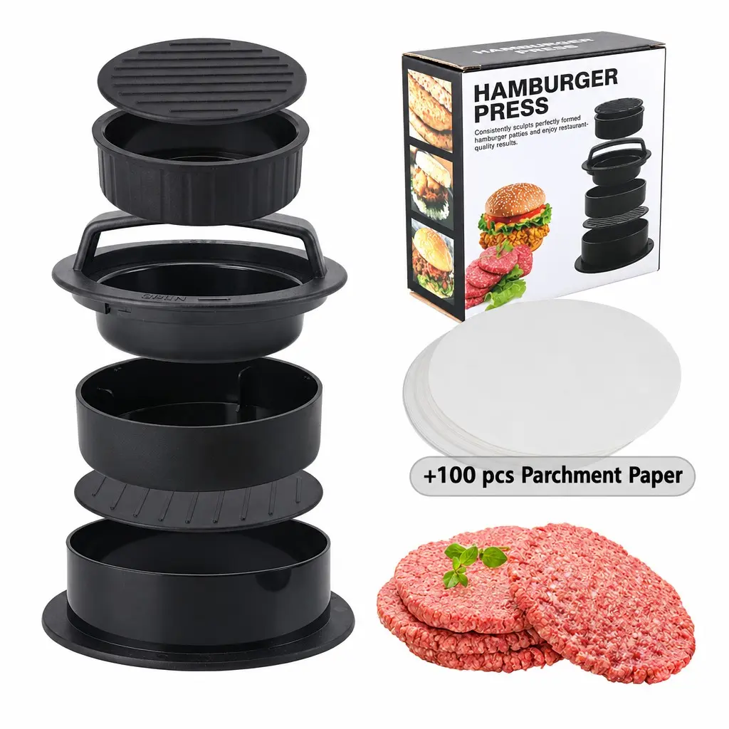 Four-In-One Burger Maker, Meat Patty Press, Sandwich Cutter, Sealer, Includes 100 Wax Paper Sheets, Non-Stick BBQ Tools for Beef Burgers
