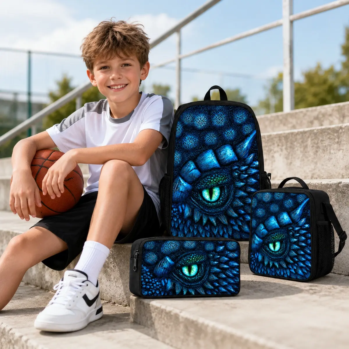 3-Piece Blue Dragon Eye Backpack Set for Boys Kids and Teens, Fantasy Reptile School Backpack with Matching Lunch Bag & Pencil Case, Back to School Essentials, Cool Gamer Bookbag, Student Travel Daypack, Dragon Lover Gift