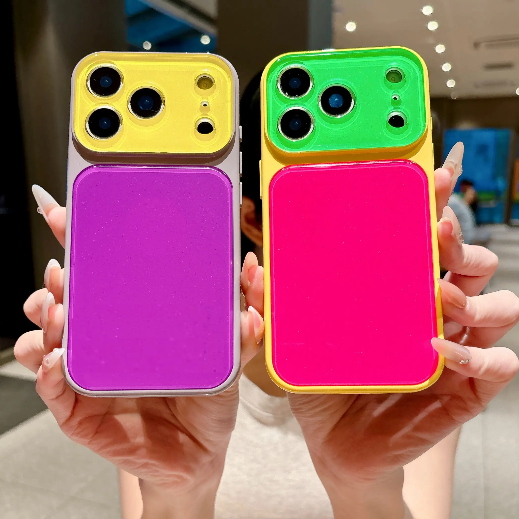 Cute Dopamine Candy Color Glitter Cellphone Case for iPhone 17 Pro Max,16,15,14 Pro Max - Neon Patchwork Acrylic Back Cover, Shockproof TPU+PC Casing, Anti-Scratch & Anti-Fingerprint, Dual Lanyard Holes, Fashion Protection Accessories for Girls