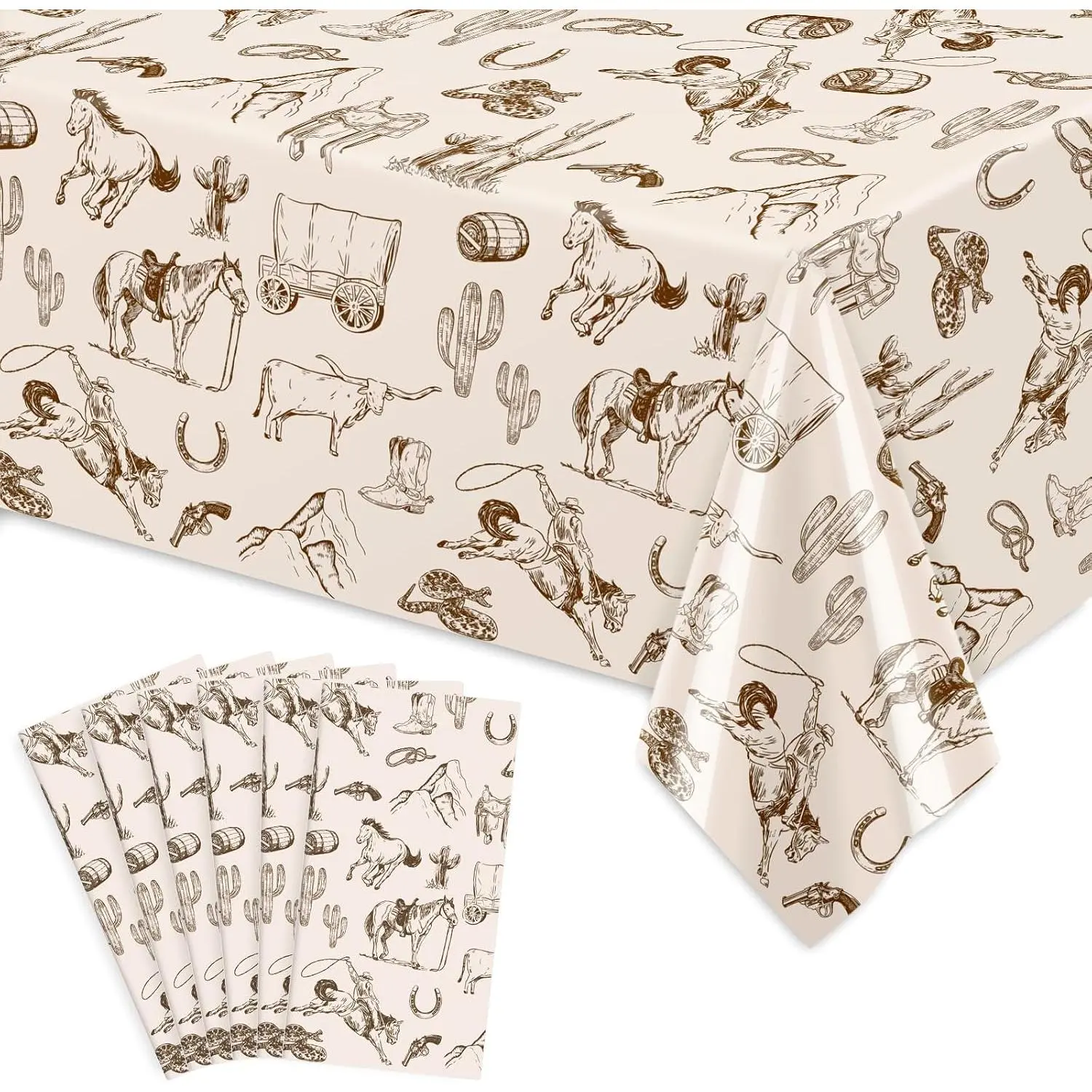 JarThenaAMCS 6Pcs Large Rectangle Wild West Cowboy Motifs Disposable Plastic Tablecloth, Brown, 54x108 Inch, for Birthday Event Indoor/Outdoor Party Supplies, Party Decor