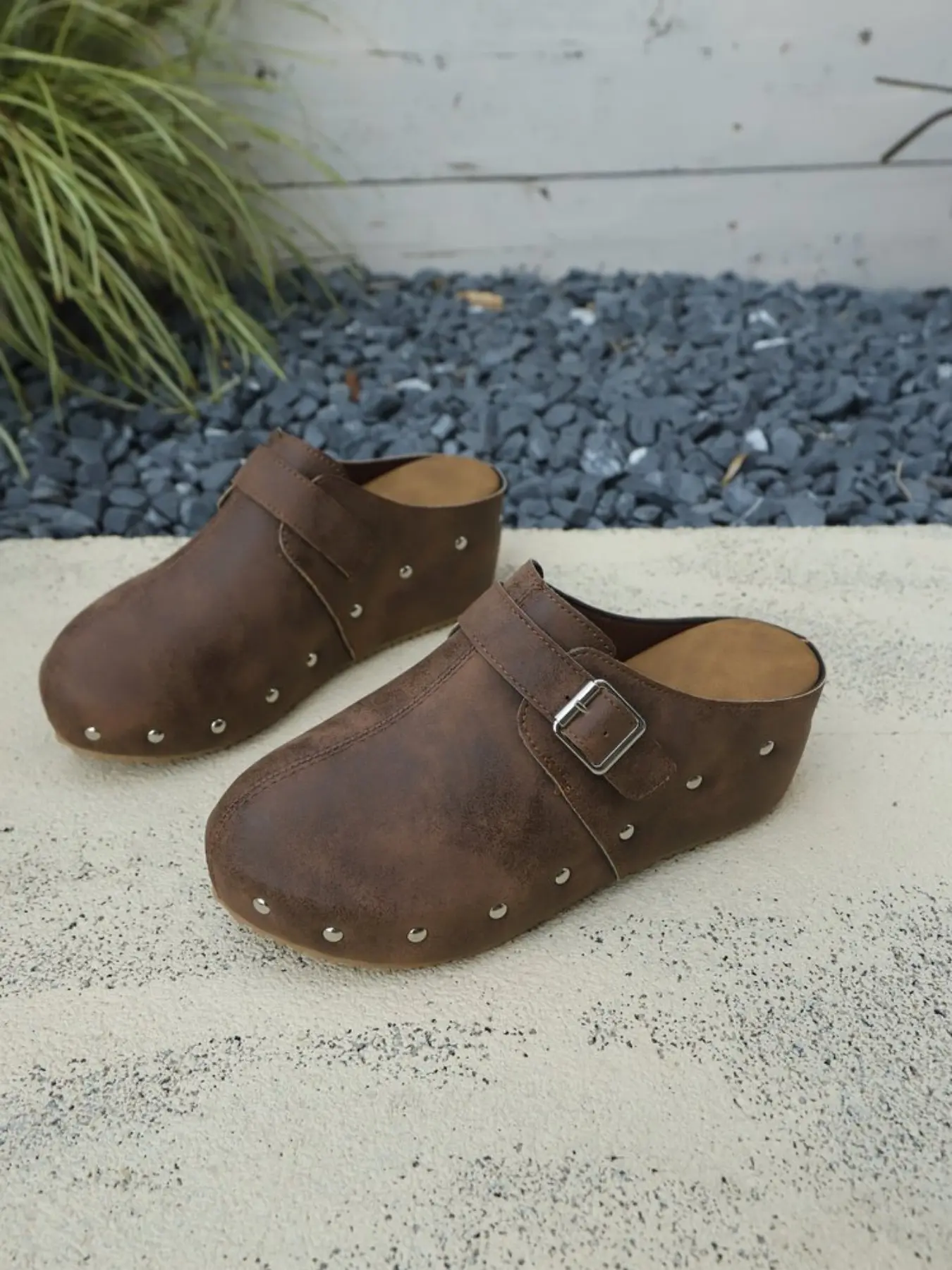 Ladies Faded Washed Faux Leather Studded Mules, Adjustable Buckle Closed Toe Backless Slides, Retro Lazy Daily Walking Casual Clogs, Shoes Clogs