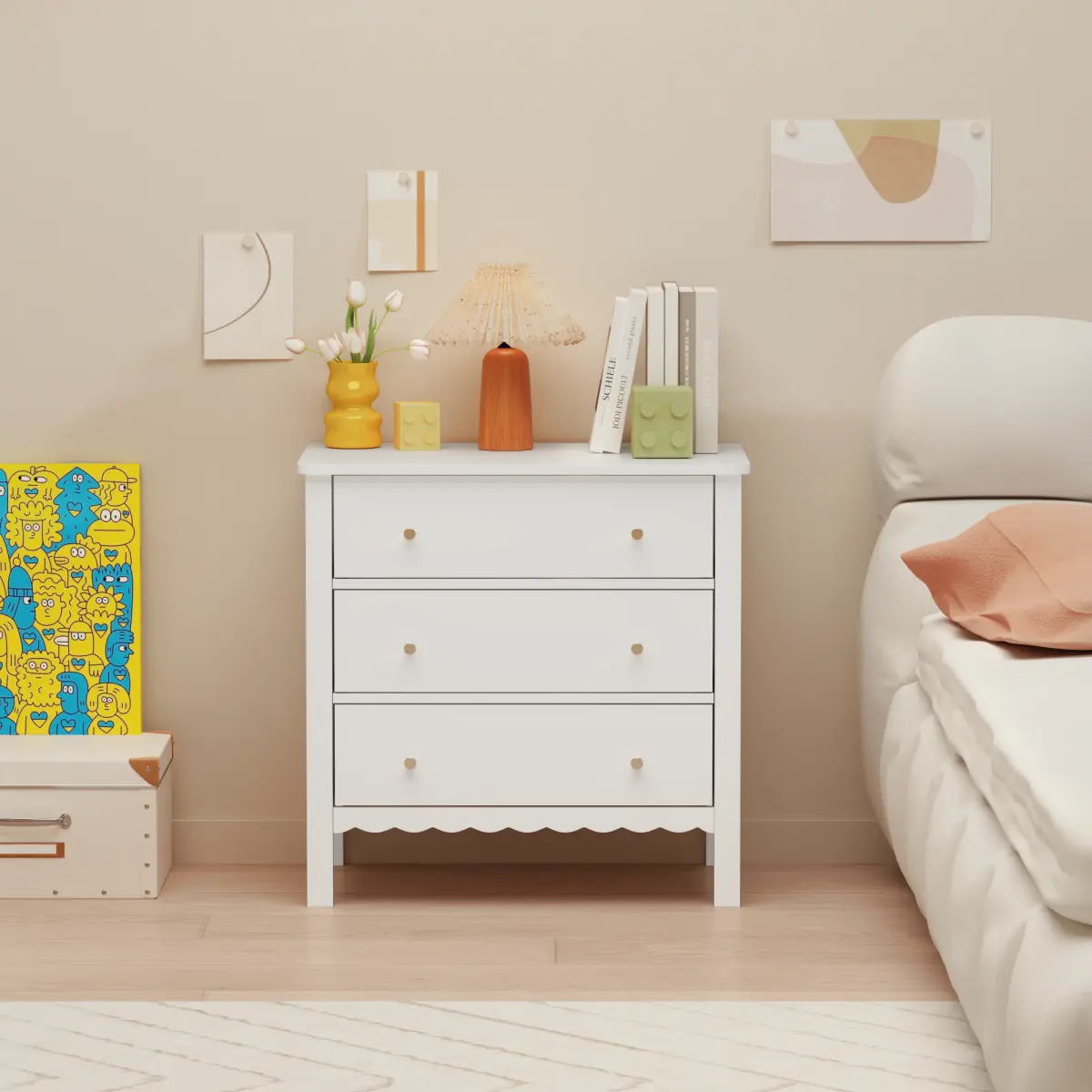 [Bellemave] Modern Bedside Table with 3 Drawer, Wooden Storage Cabinet with Gold Knobs for Bedroom, Living Room or Entryway