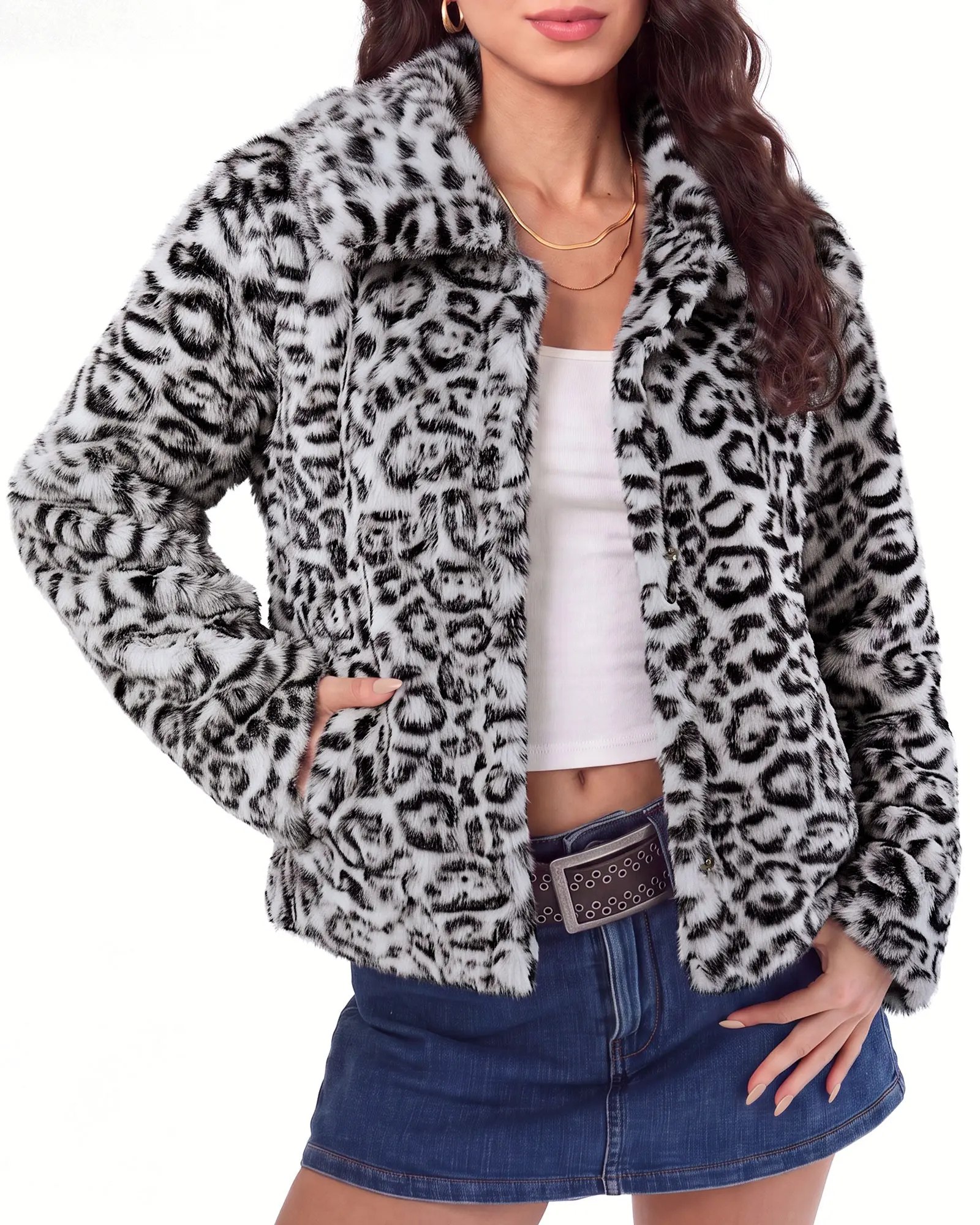 luvamia Women's Leopard Print Faux Fur Jackets Fluffy Furry Winter Coats | Cheetah Animal Print, Cozy, Fluffy Faux Fur Coat, Lined, Lapel, Snap Button Closure, Side Pockets, Fall Outfits for Women
