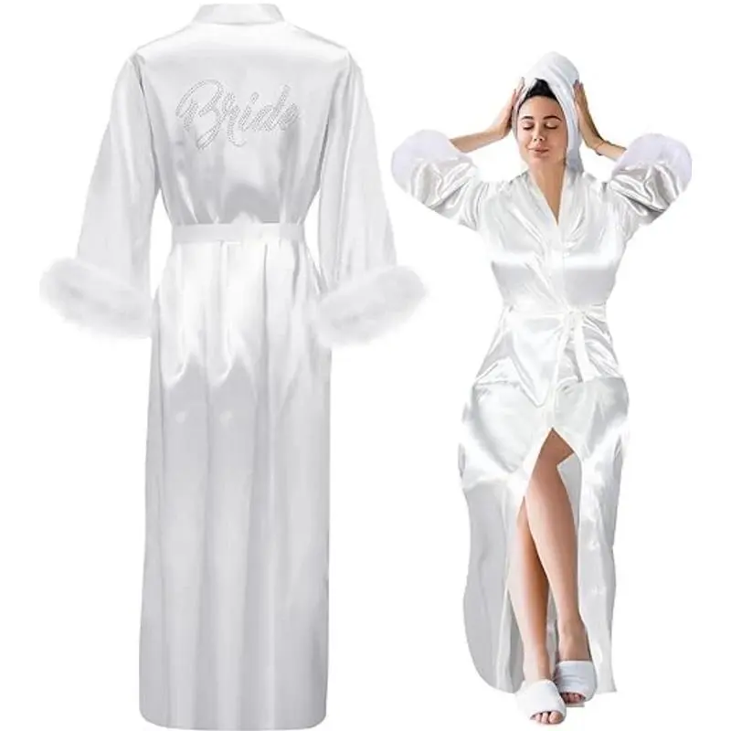 Bride Robe with Feather White Boudoir Dress Long Silk Bridal Lace Dressing Gown Bridesmaid Gifts Satin Feather Trim Bride Kimono