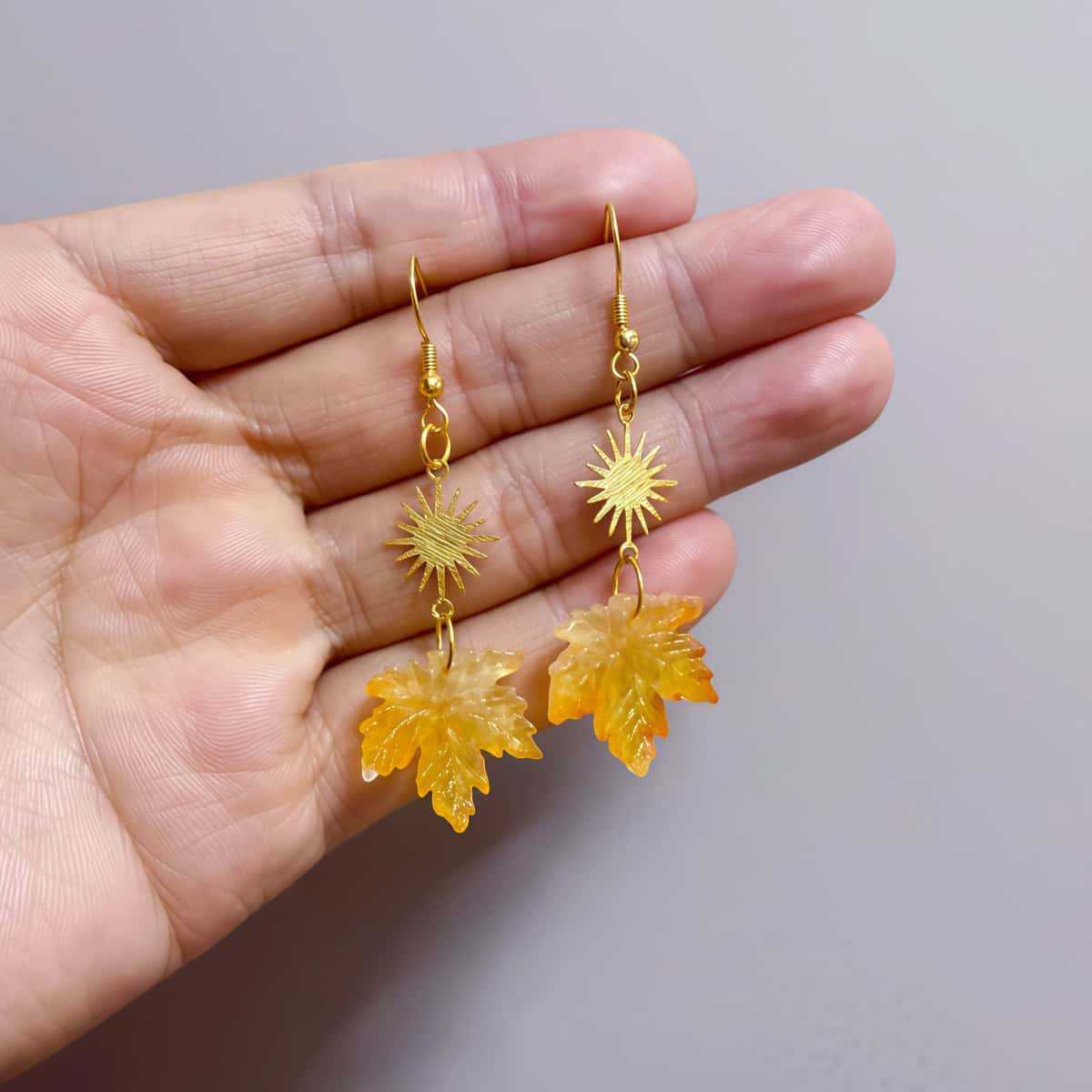 Maple Leaf Earrings Burnt Orange Glass Autumn Leaf Sun Pendant Earrings Stainless Steel Bohemian