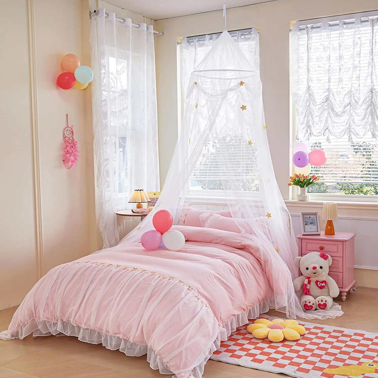 Extra Large Dome Bed Canopy with Lights for Kids Girls Boys, Fire Retardant Fabric Mosquito Net Reading Nook for Twin Full Queen Size Bed, Indoor Decor Outdoor Camping, White