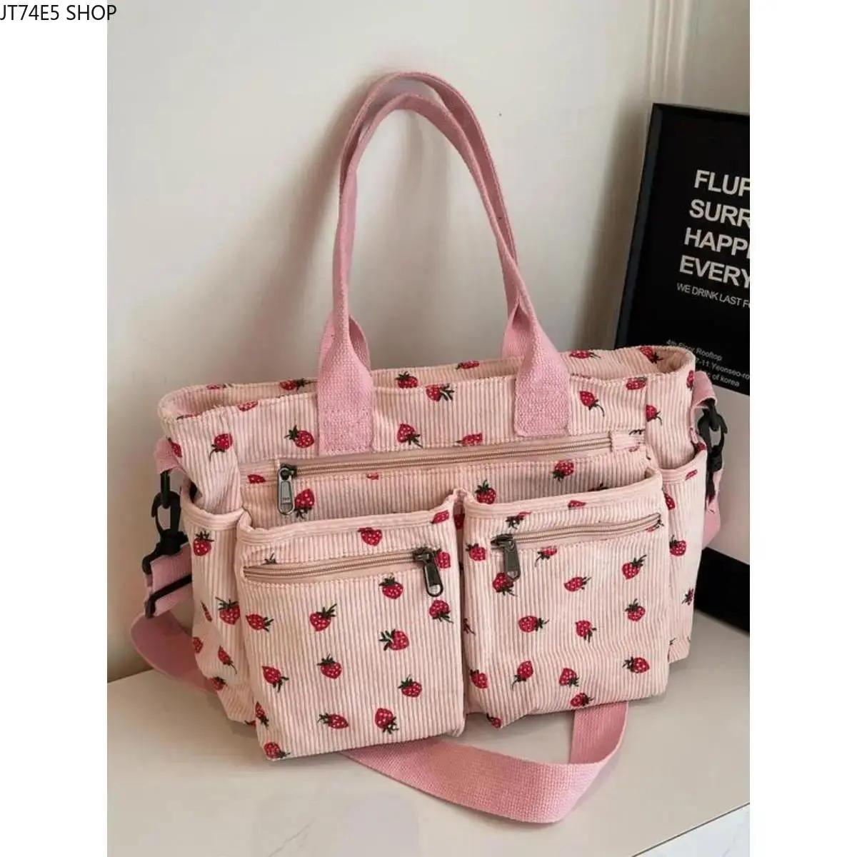 Women’s Cute Strawberry Print Canvas Tote Bag - Large Capacity, Fresh Aesthetic Shoulder Handbag, Trendy Casual Daily Use Bag for Commuting, Shopping