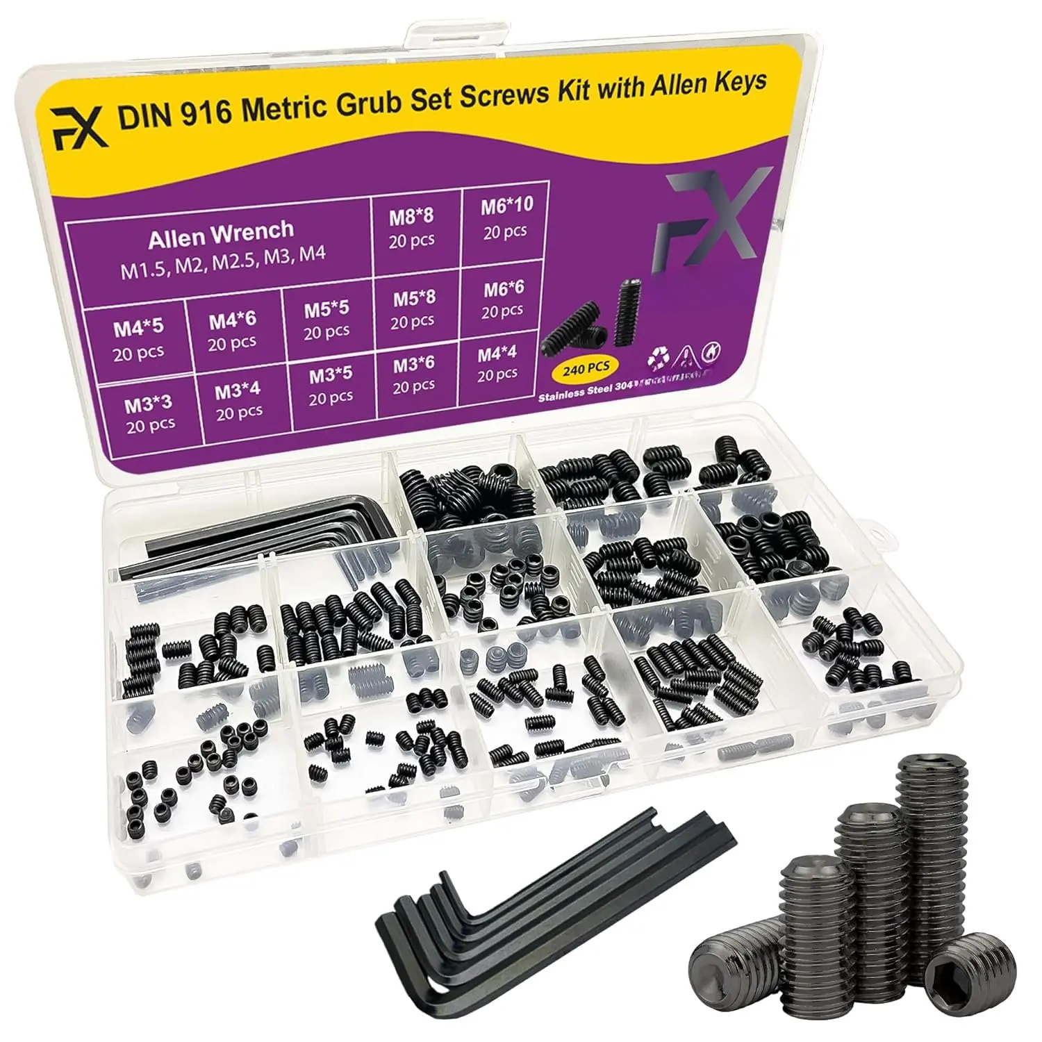 Set Screws  Kit (M3, M4, M5, M6, M8) with Allen  – Durable 240 count Metric Cup Point Alloy Steel for Bathroom Fixtures, Door Knobs, Faucets, Plumbing, and