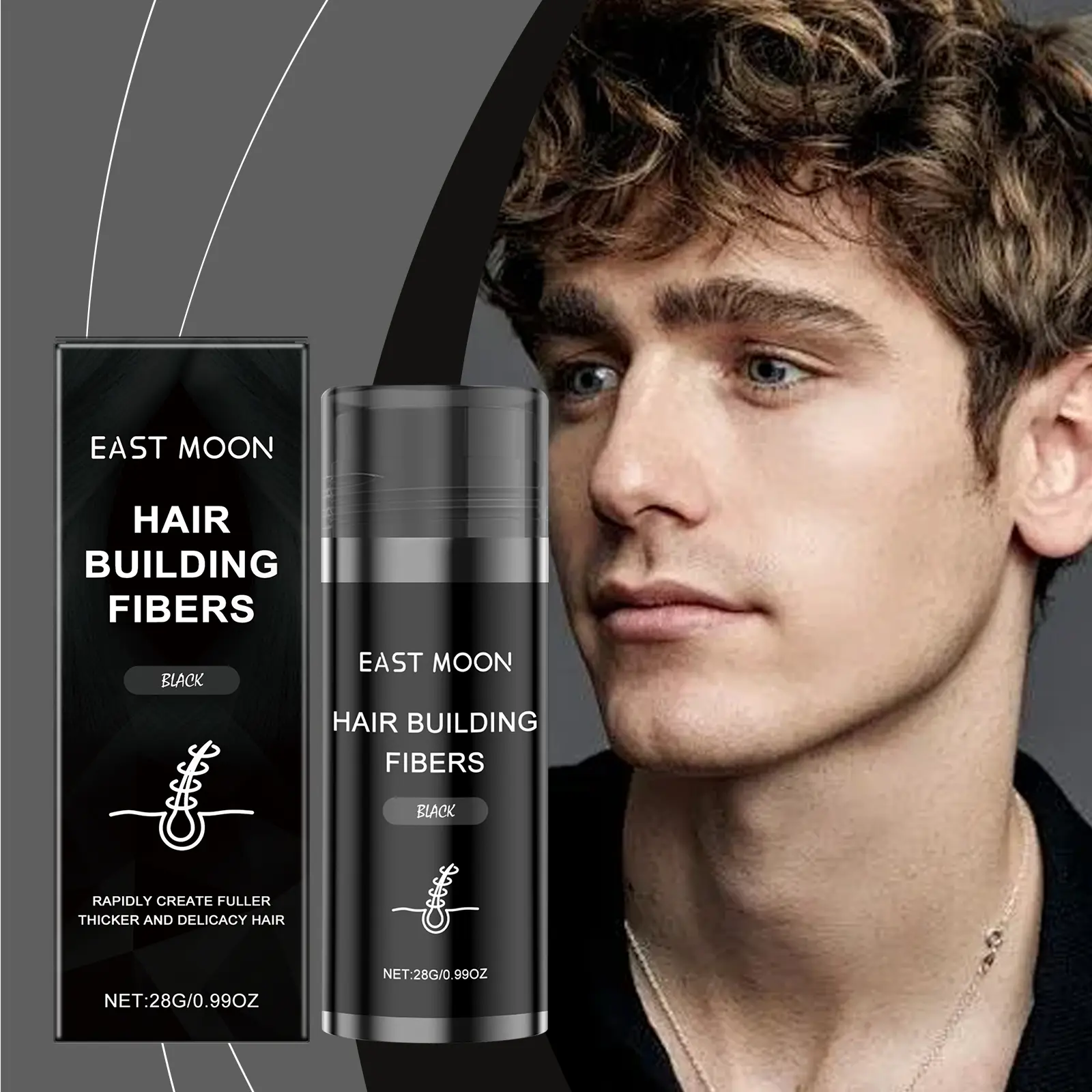 East Moon Black Hair Building Fibers, Instant Fuller Thicker Hair Look Styling Fibers, Natural-Looking Hair Thickening Powder for Thinning Hair