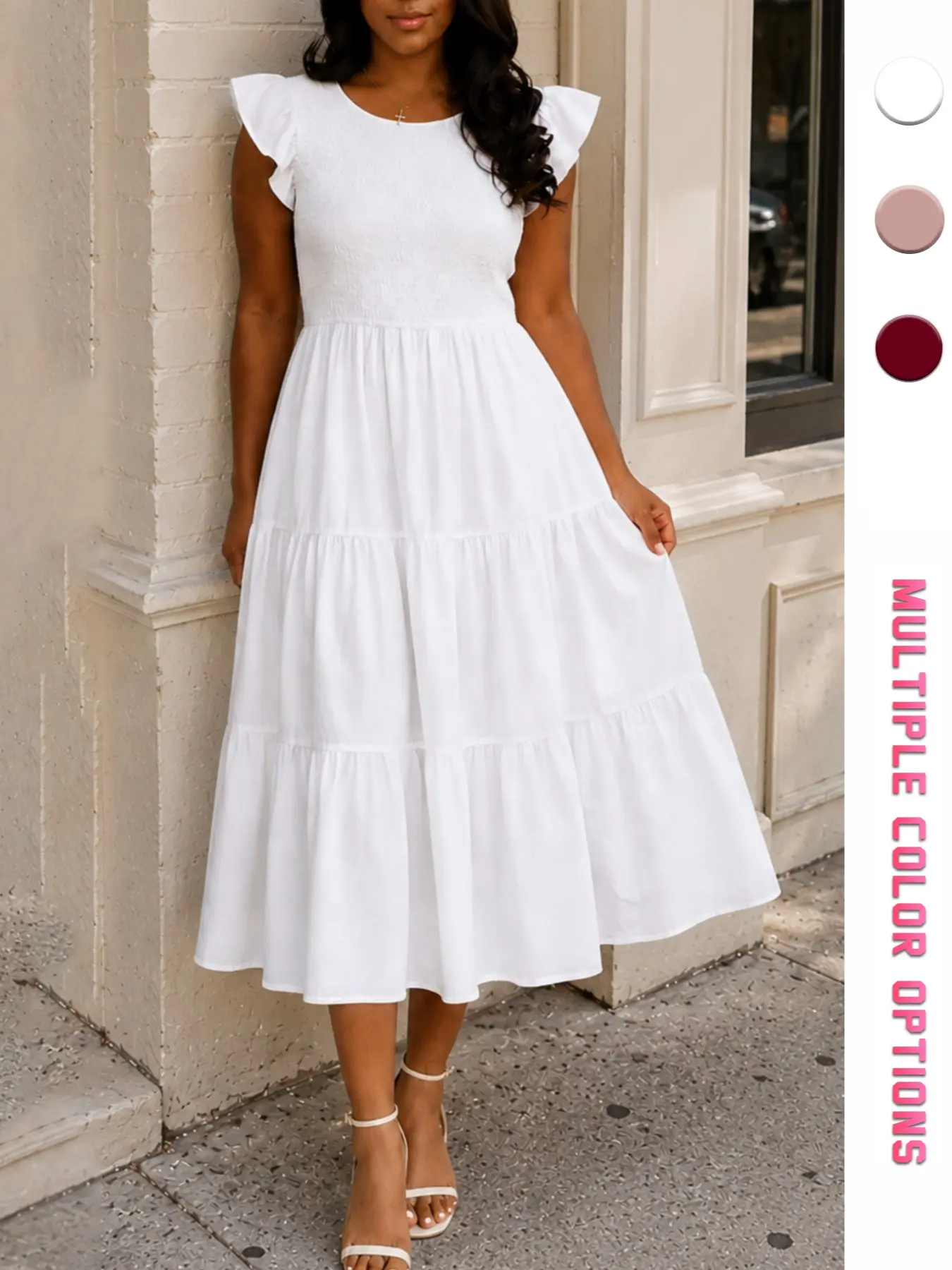 Women's Ruffle Sleeve Layered Dress, Lightweight A-Line, Round Neck Pleated Top, Multi-Layer Skirt Design, Perfect for Summer