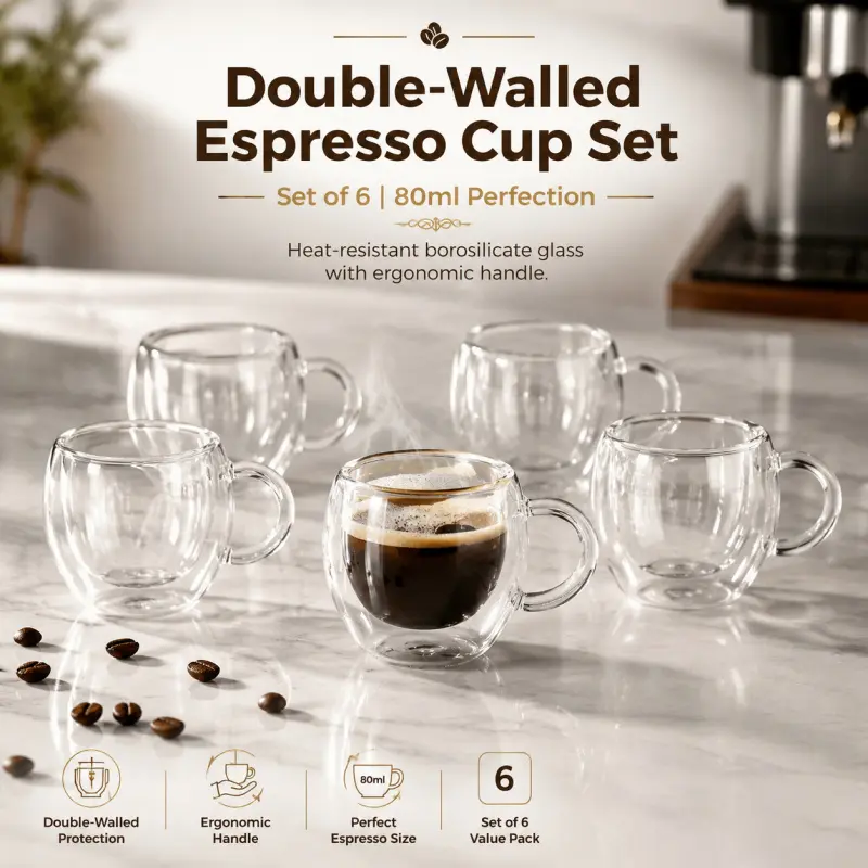 6-Piece Double Wall Insulated Espresso Cups Set, Stylish Drinkware, hand-blown borosilicate glass, heat resistant and crystal clear. Enjoy rich coffee every day. Clear Glass Coffee Mugs