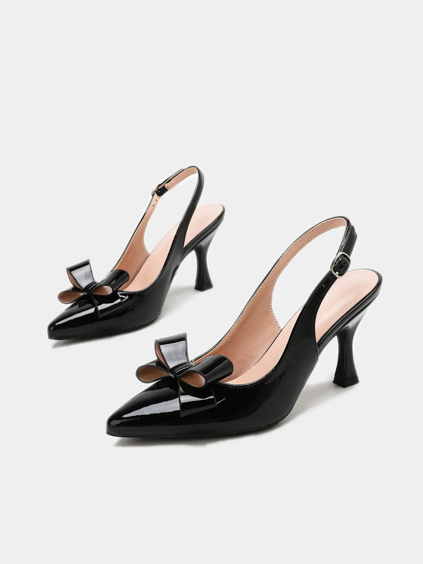 Women’s Patent-Look Pointed Toe Slingback Pumps, Stiletto Heel Dress Shoes with Bow Detail for Wedding Guest, Party and Evening