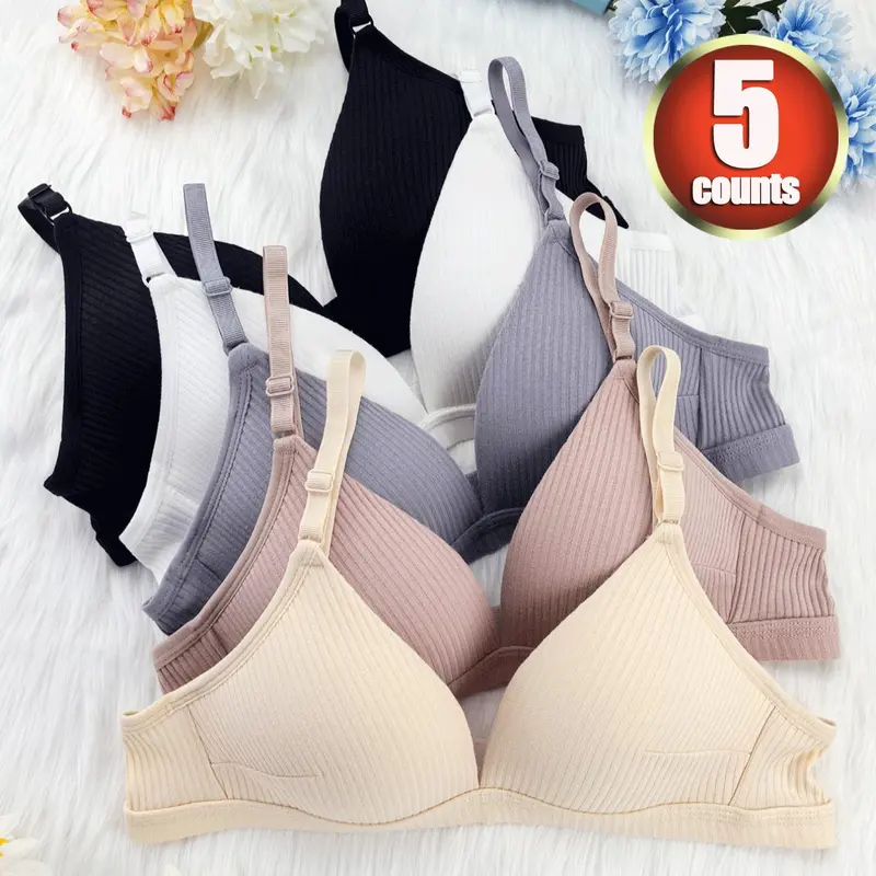 3 pieces of deep V women's lingerie, Deep V bras, ribbed fabric, Seamless, simple style, comfortable and breathable girl's bra, underwire bra, casual bra, Fitted, suitable for all seasons, daily versatile bra, Bra Pack