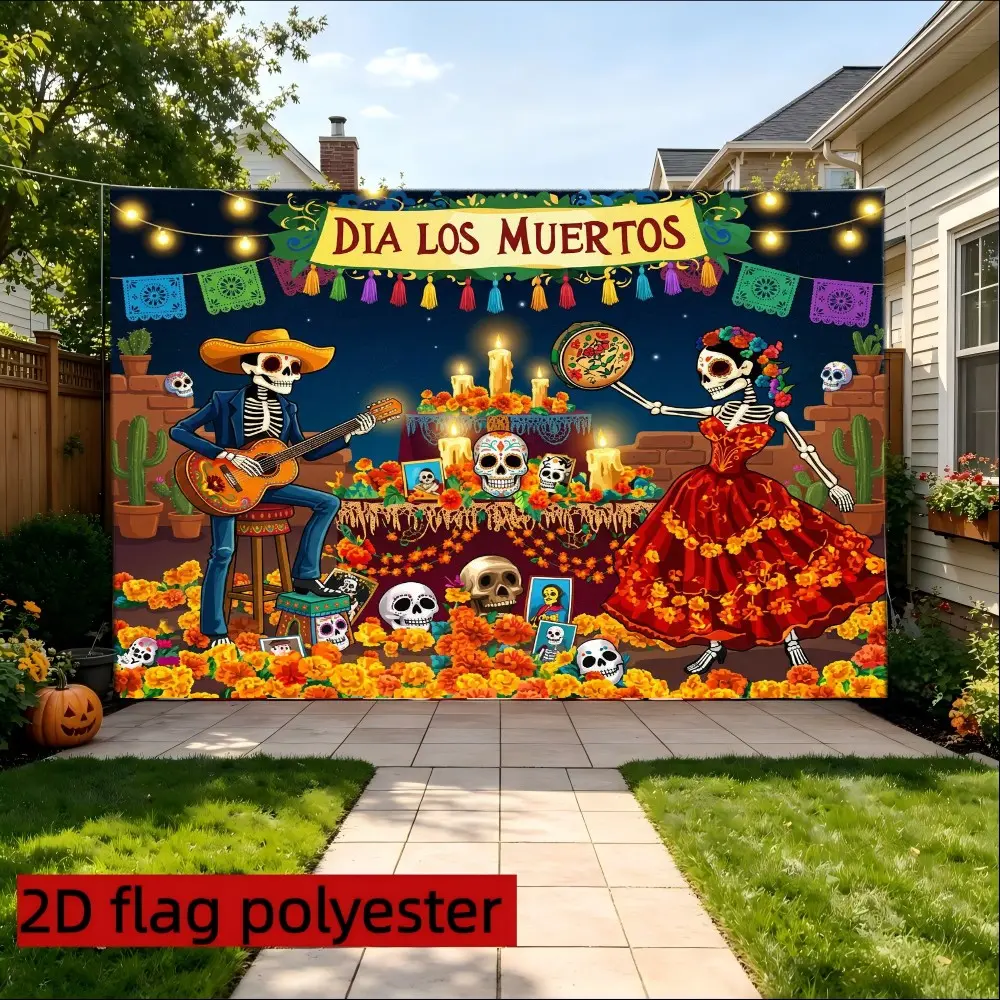 1 piece of 2D flat Day of the Dead themed backdrop printed with vivid patterns of skeletons playing guitars and dancing. Suitable for Halloween decorations, Day of the Dead party setup, themed photography backdrops,