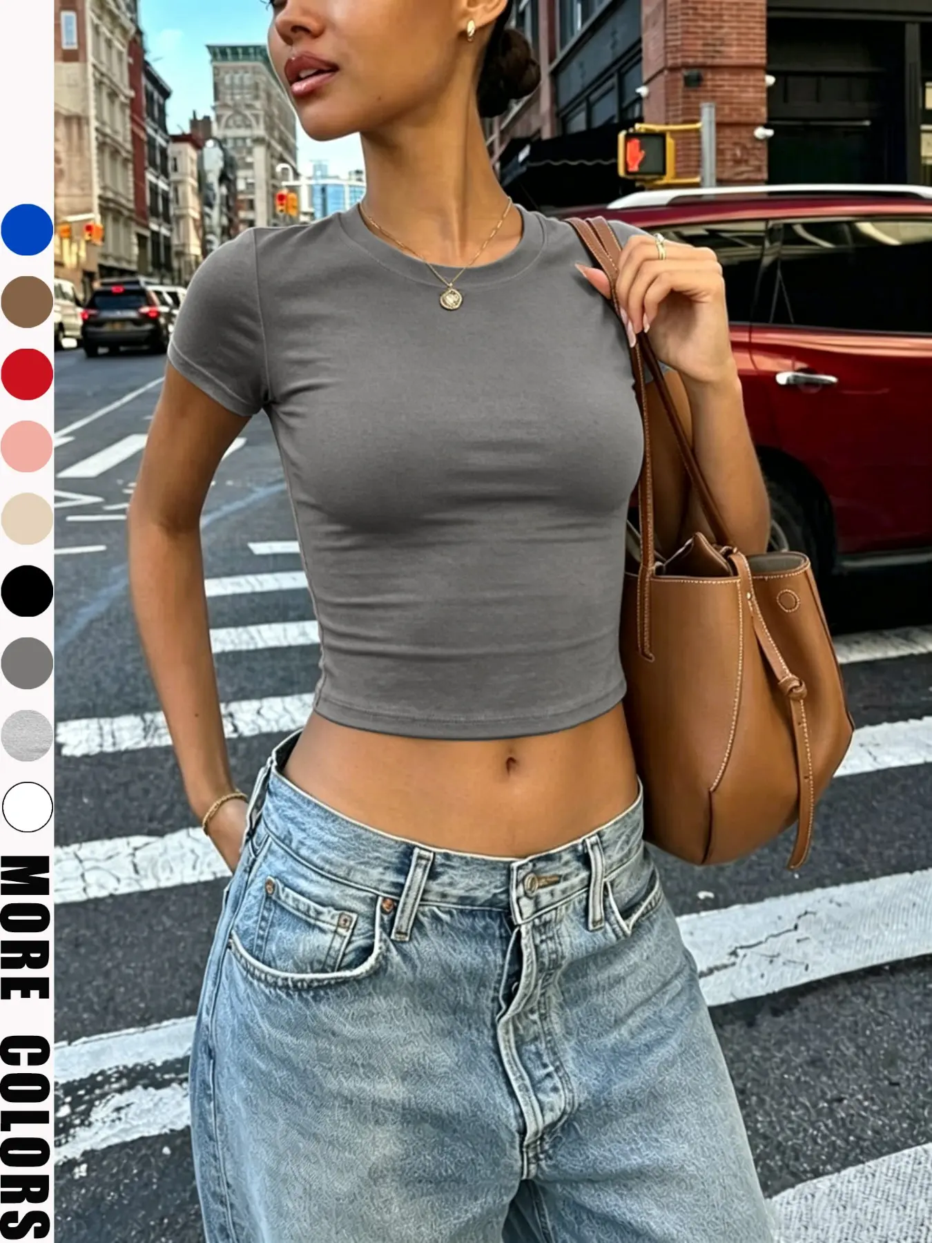 Women's summer solid color tight fitting figure revealing round neck spicy girl exposed navel Crop Top short sleeved top, a must-have for daily outings, Y2K tight fitting versatile multi-color top # summer dopamine outfit