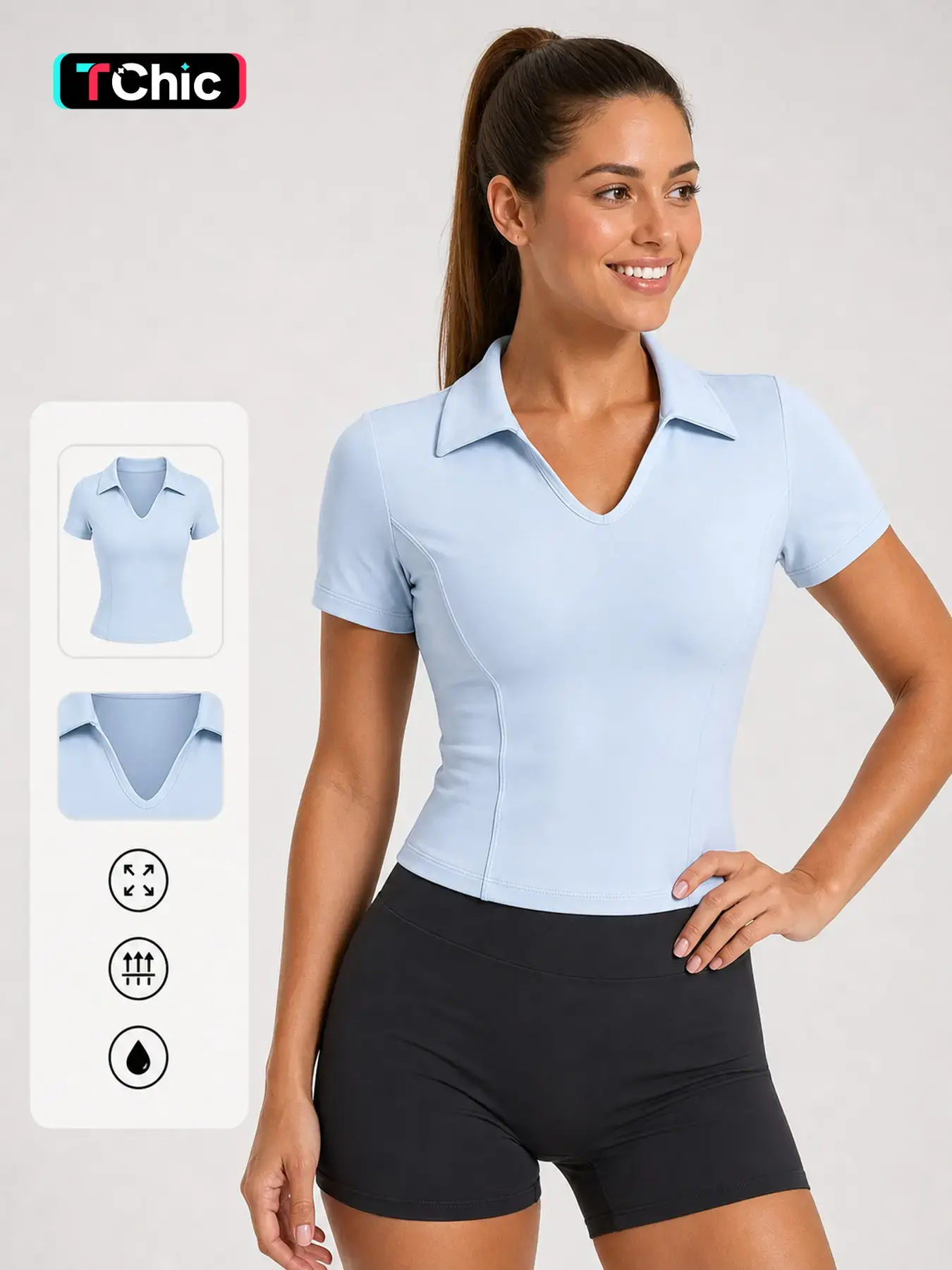 Women's V-Neck Polo Workout Tops, Short Sleeve Slim Fit Yoga T-Shirt, Breathable Soft Activewear for Golf, Tennis, Running & Daily Wear, Activewear Clothing