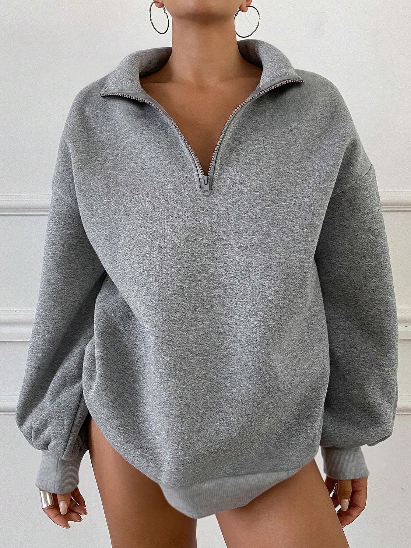 Women's Letter Print Drop Shoulder Half Zip Sweatshirt, Casual Long Sleeve Stand Collar Pullover for Fall & Winter, Women's Clothes for Daily Wear