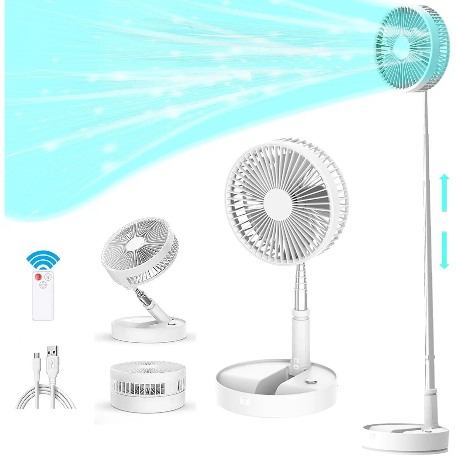 Portable Foldable Oscillating Fan with Remote Control, 7200mAh Rechargeable USB Standing Fan, 8'' Quiet Table Fan with 3 Speeds, Timing Function, Suitable for  Office Camp Travel