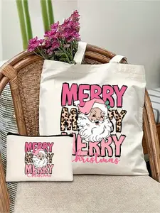 Santa Claus Pattern Canvas Shoulder Bag and Makeup Pouch Set, Fun Christmas Holiday Gift, Large Capacity, Women's Festival Bag