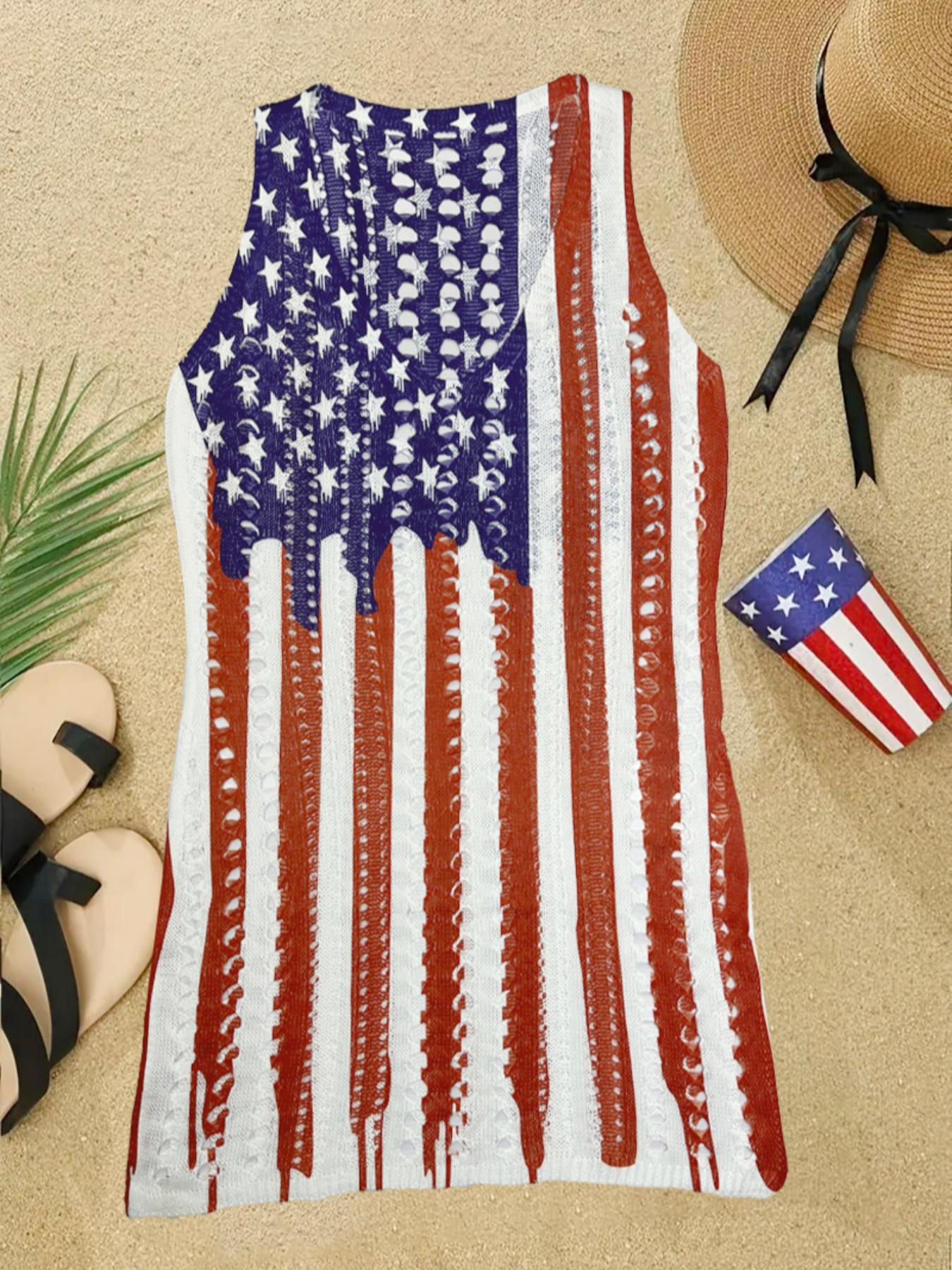 Women's American Flag Pattern Hollow Out Split Thigh 4th Of July Tank Dress, Casual Summer Scoop Neck Sleeveless A Line Dress for Summer, Casual Wear, Summer Casual Sundress, Casual Dresses