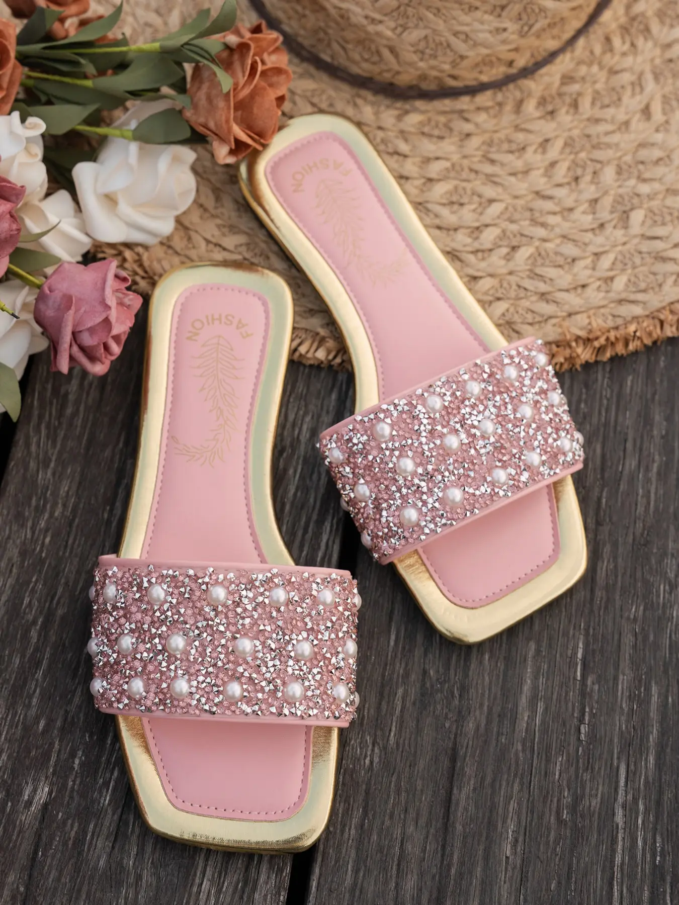 Luxury Rhinestone Pearl Square Toe Flat Sandals for Women, Summer Fashion Glitter Design One-Strap Slippers, Versatile Casual Office Shoes, Glitter Design Slides