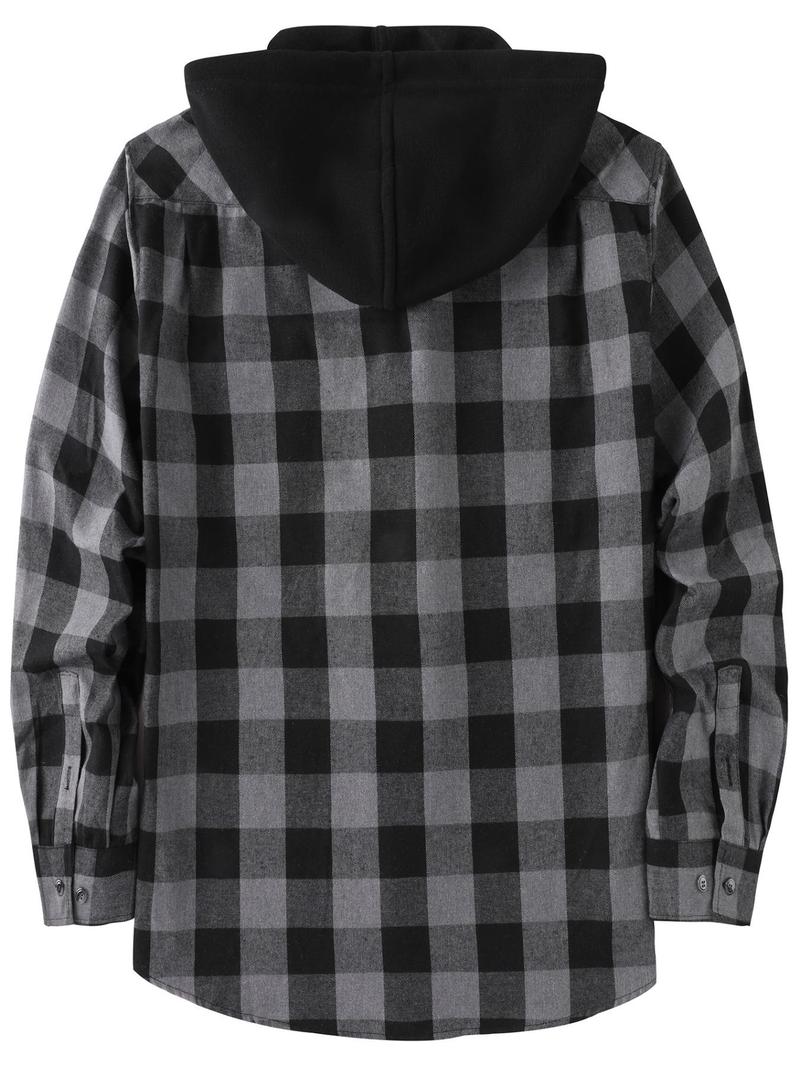 【Plus Size】 Plaid Print Button Front Hooded Shirt, Casual Regular Fit Long Sleeve Top for Daily Outdoor Wear, Men's Clothes for All Seasons