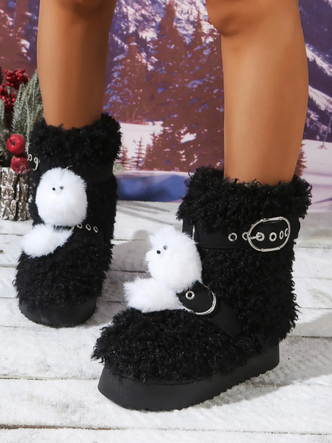 Women's White Curly Fleece Ankle Snow Boots, All Season Pom-pom Metal Buckle Platform Shoes, Comfortable Plus Size Versatile Cute Casual Ladies Short Boots, 3 Colors Available