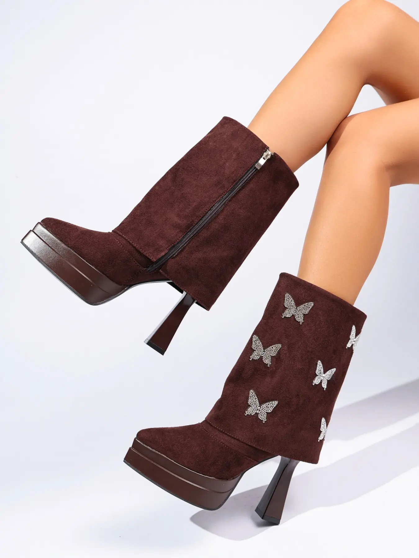 Women's Sexy Rhinestone Butterfly Ankle Boots, Pointed Toe Thick Waterproof Heel, Vintage Faux Fur Side Zipper, Party Stage Fashion Boots