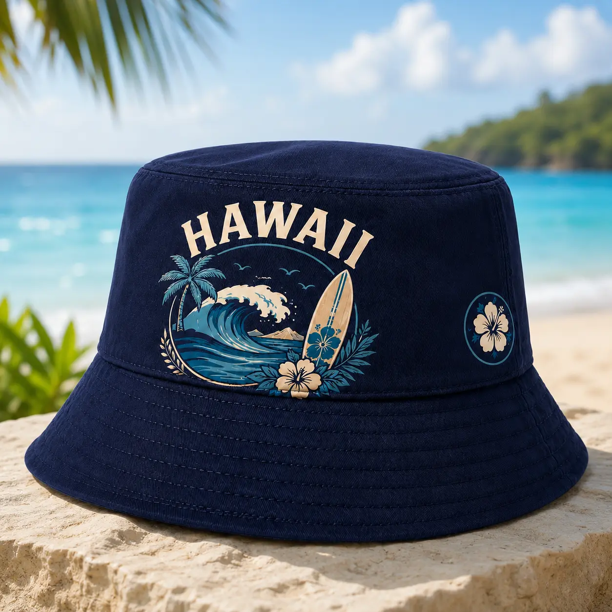HAWAII Bucket Hat Navy Blue Tropical Surf Wave Palm Tree Surfboard Hibiscus Graphic, Unisex Summer Beach Vacation Fisherman Hat, Casual Sun Hat for Men Women, Cruise Resort Travel Fishing Hiking Luau Pool Party Island Aloha Outfit