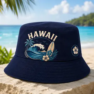 HAWAII Bucket Hat Navy Blue Tropical Surf Wave Palm Tree Surfboard Hibiscus Graphic, Unisex Summer Beach Vacation Fisherman Hat, Casual Sun Hat for Men Women, Cruise Resort Travel Fishing Hiking Luau Pool Party Island Aloha Outfit