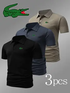 Men's Crocodile Print Polo Shirt, 3-Pack, Fitted, Casual Style, Breathable, All-Season Wear, Comfortable and Durable, High-Quality