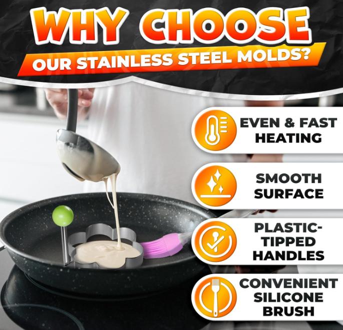 🍳 Nonstick 4Pcs Pancake Mold Set with Handle| Egg Ring for Breakfast Griddle & Fried Burger Patty| Perfect Summer Gift 🍳 Nonstick 4Pcs Pancake Mold Set with Handle| Egg Ring for Breakfast Griddle & Fried Burger Patty| Perfect Summer Gift