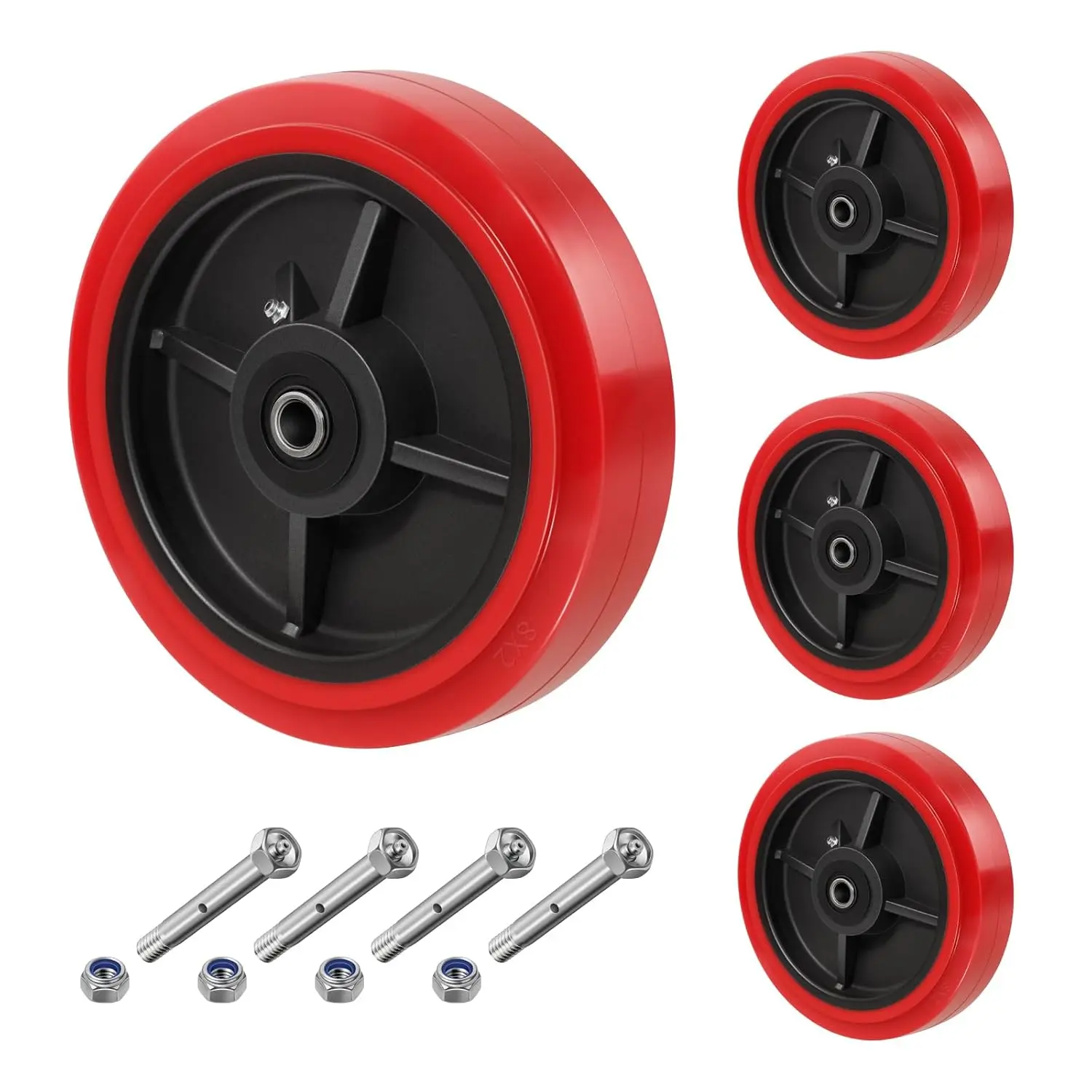 8" x 2" Caster Wheels Heavy Duty, 1/2" Bore Axle Non-Marking Polyurethane Wheel with Roller Bearing, Set of 4  Wheels with 4400 lbs Capacity (4 Pack)