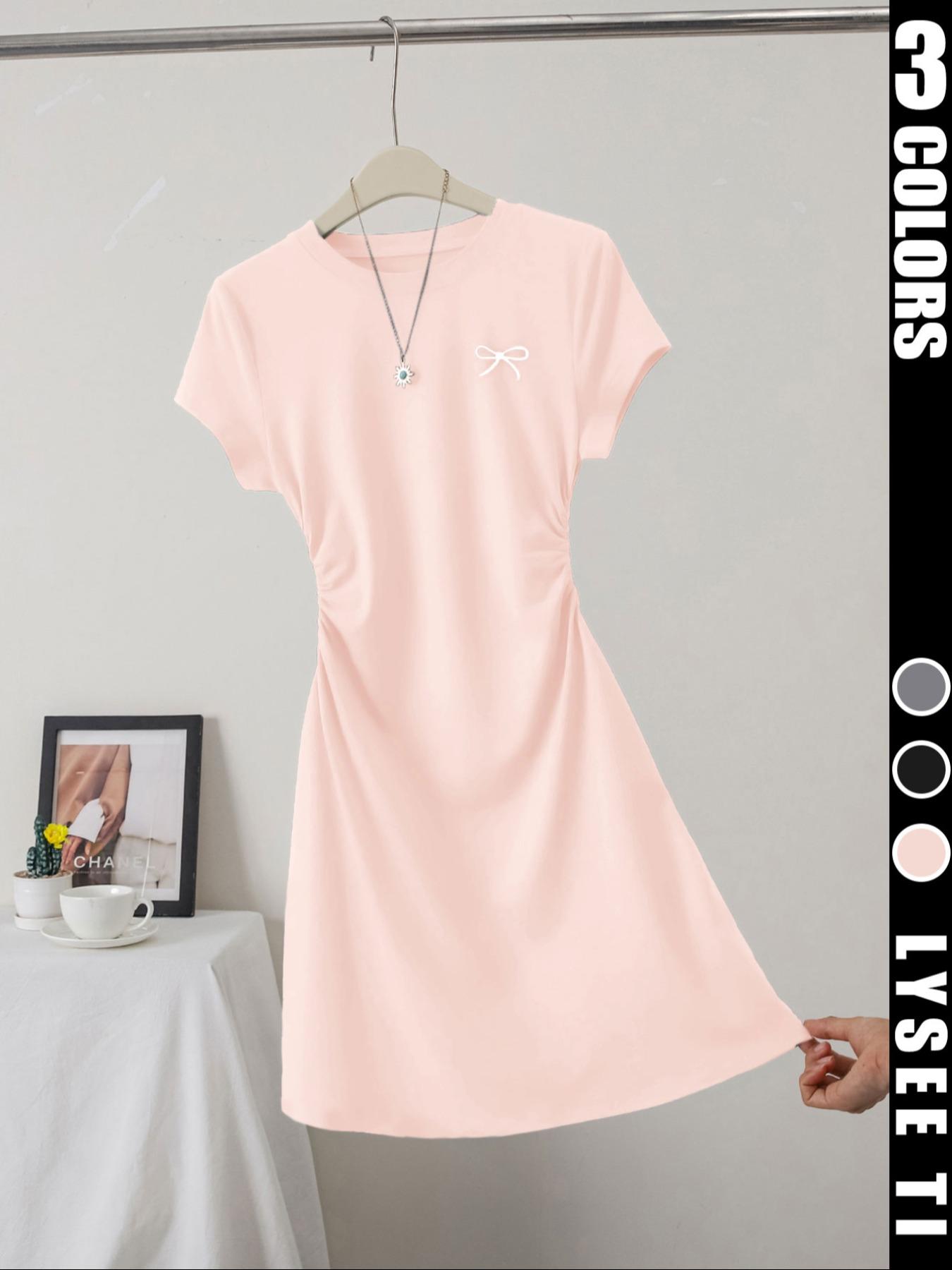 Ladies' casual fashion slim fit small bow print details simple solid color pleated Knit pullover women's round neck short sleeved dress