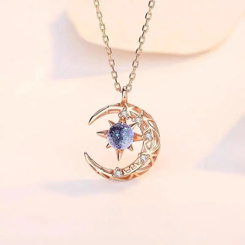 Simple Delicate Elegant Fashion Dream Star Sun Moon Moonstone Necklace Female Collar Chain Wedding Party Pendant NecklaceJewelry