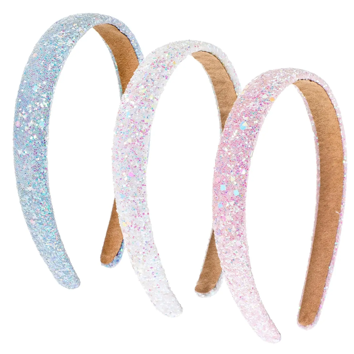 3PCS Kids Headbands for Girls Sparkly Headbands Wide Padded Hair Bands Thick Bling Fashion Cute Daily Accessories for Girls and Women (5.7×4.5 Inches, Pink + Sky Blue + White)