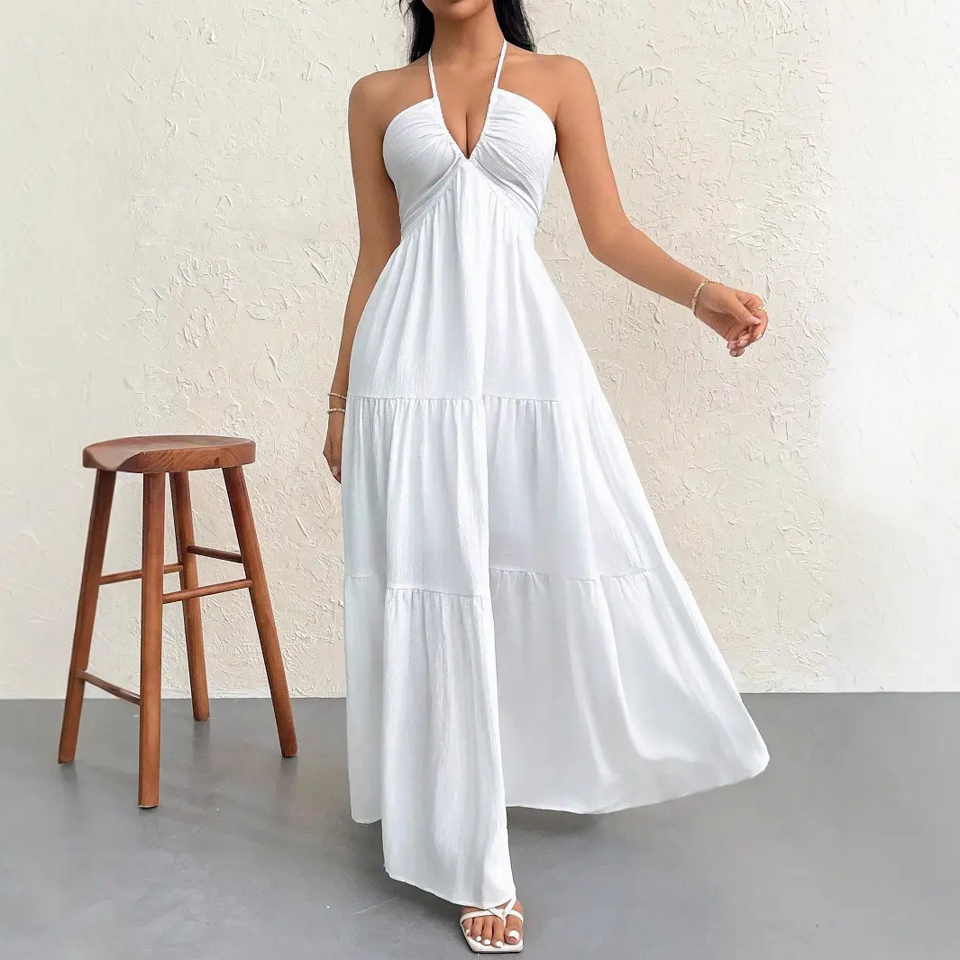 Spring and Autumn Summer New Solid Color strapless Sexy Bareback Strap Beach Vacation Dress
