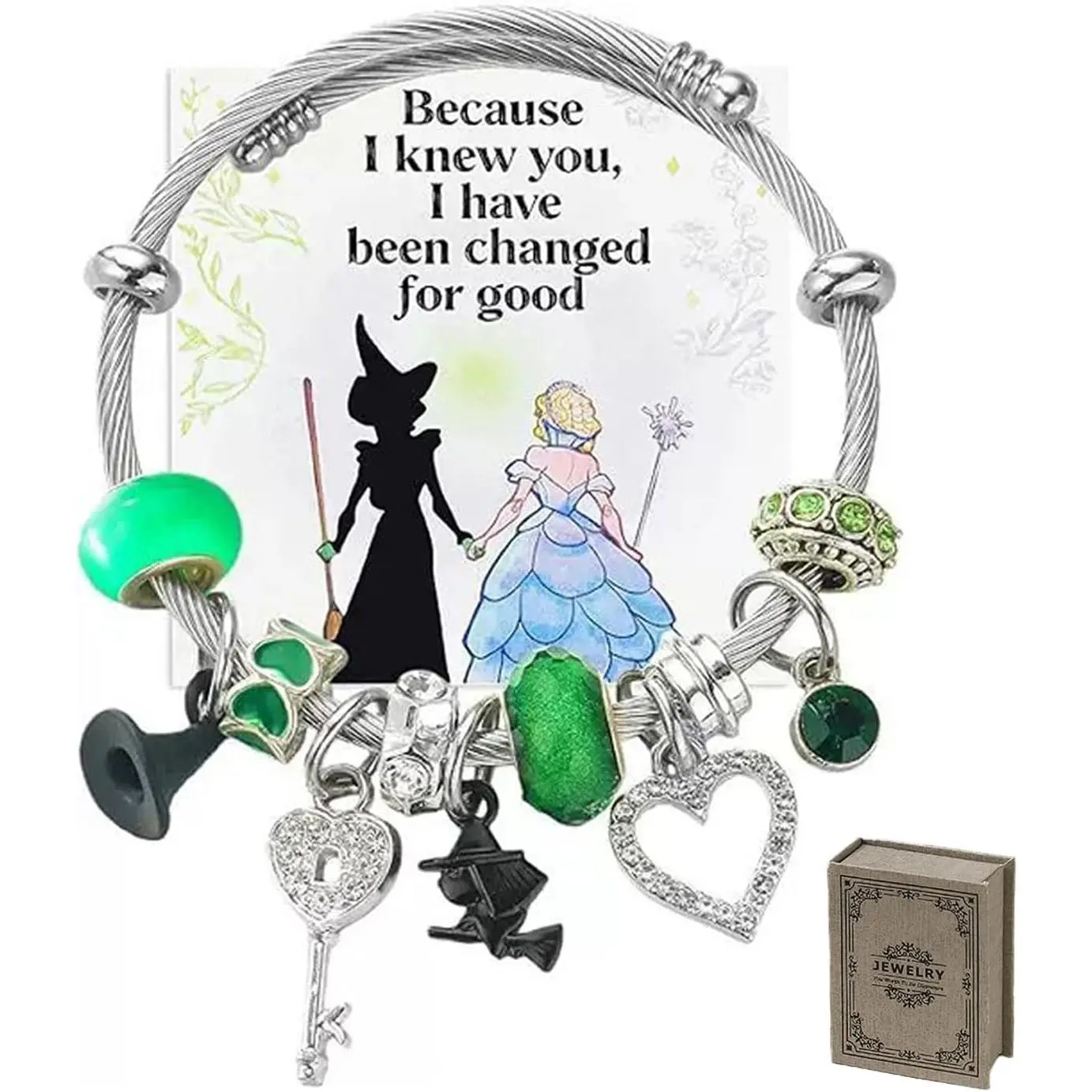 Green   Charm Bracelet for Women, Stainless Steel Bangle with Rhinestone Charms, Adjustable BFF Friendship   for Christmas Birthday
