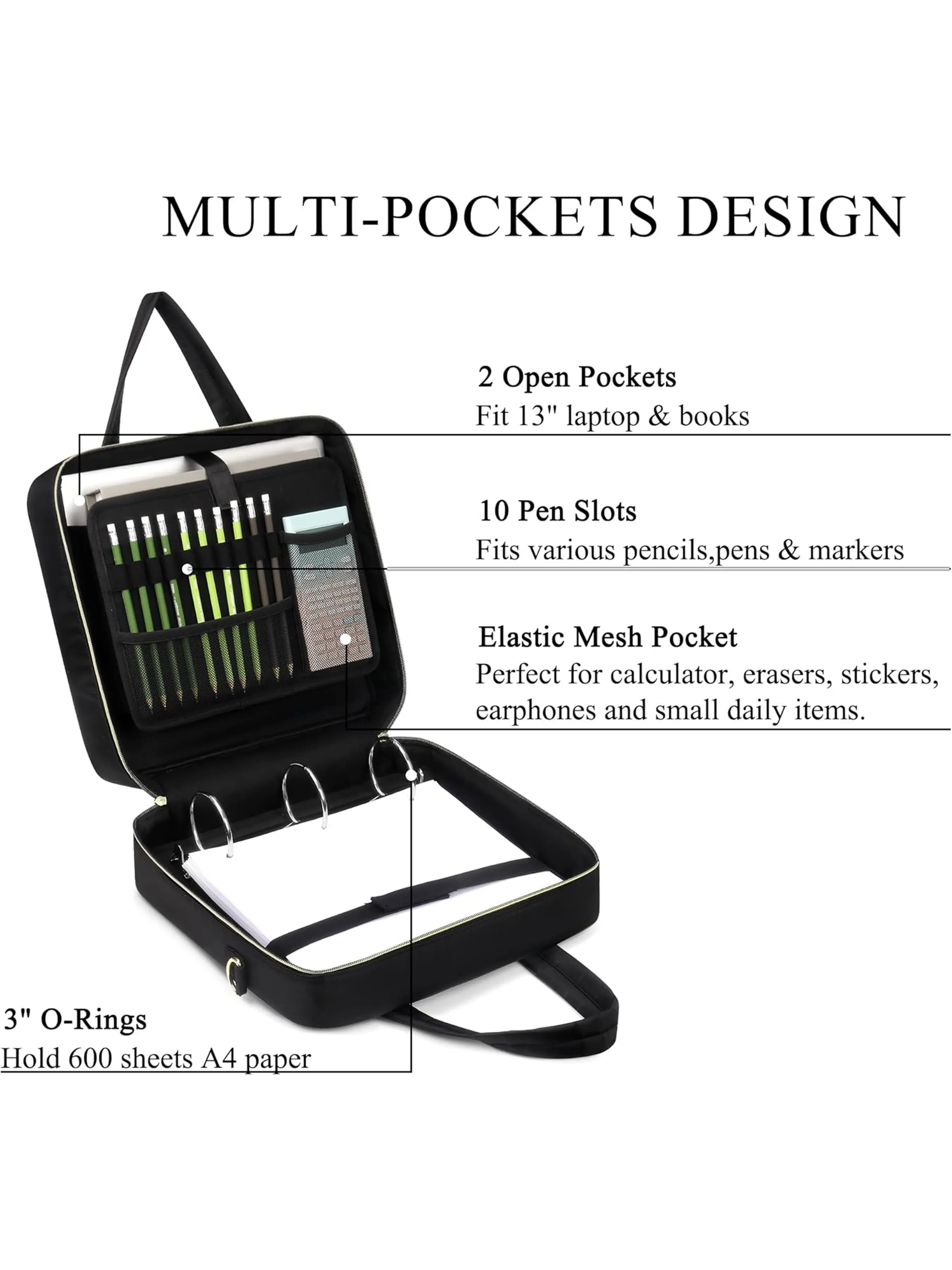 Sturdy 3 Ring Zipper Binder, Zipper Binder Bag, 3 Inch 3 Ring Binder with D-Ring, Holds 600 Sheets | Cute School Binder with Shoulder Strap & Handle, , Binder Bag with Multiple Storage Pockets, Fits 13" Laptop for Middle School College Office Supplie