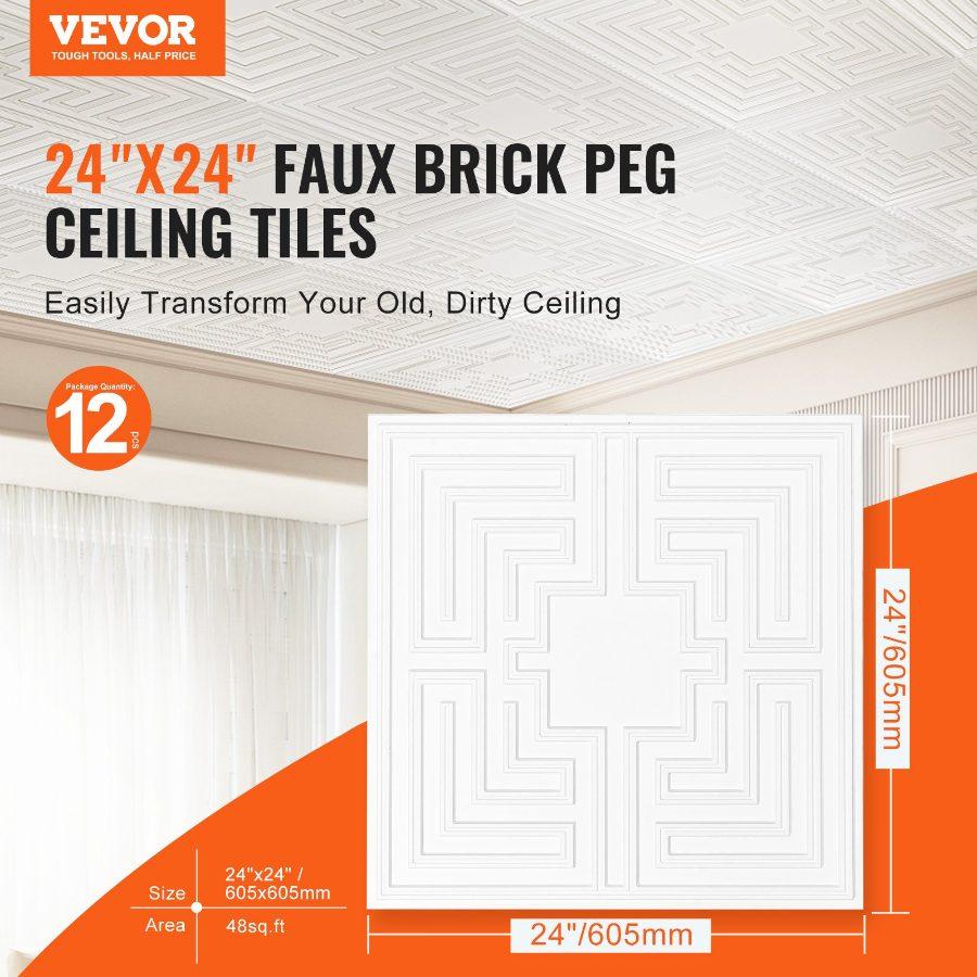 VEVOR Ceiling Tiles, 12-Pack 24x 24 in, Drop Ceiling Tiles Premium PVC Sheet, Easy Installation/ Cutting Plastic Glue-up Ceiling Tile, Ceiling Covering for Home/Office Decoration, White Peg Pattern