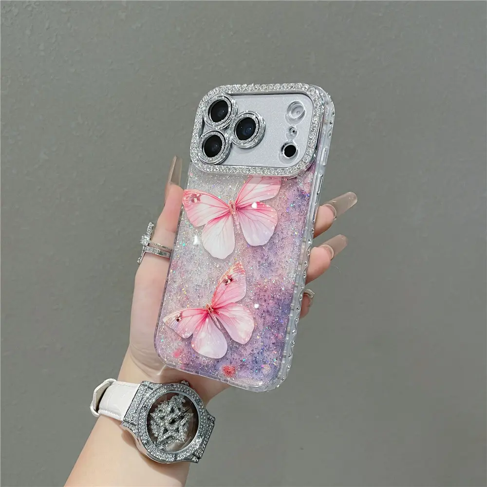 Diamond-Encrusted Protective Waterproof TPU Shell Phone Case - Shockproof Full Protection, Butterfly Design, Flush Mount Cover, Compatible with iPhone Series ip14/15/16/17 Pro Max
