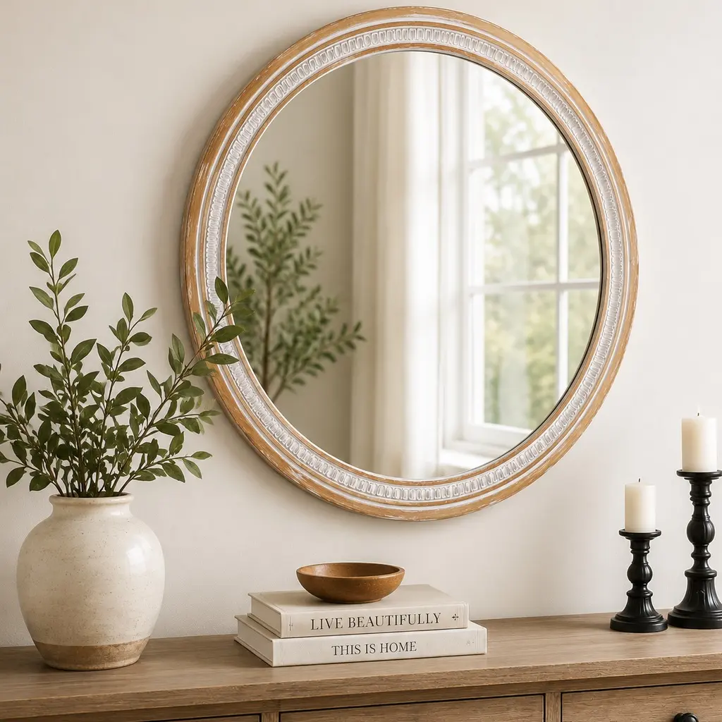 30-Inch Round Durable Solid Wood Decorative Farmhouse Wall Mirror - Rustic Boho Home Decor, Lightweight Hanging Mount, Easy Installation for Bathroom Vanity, Entryway