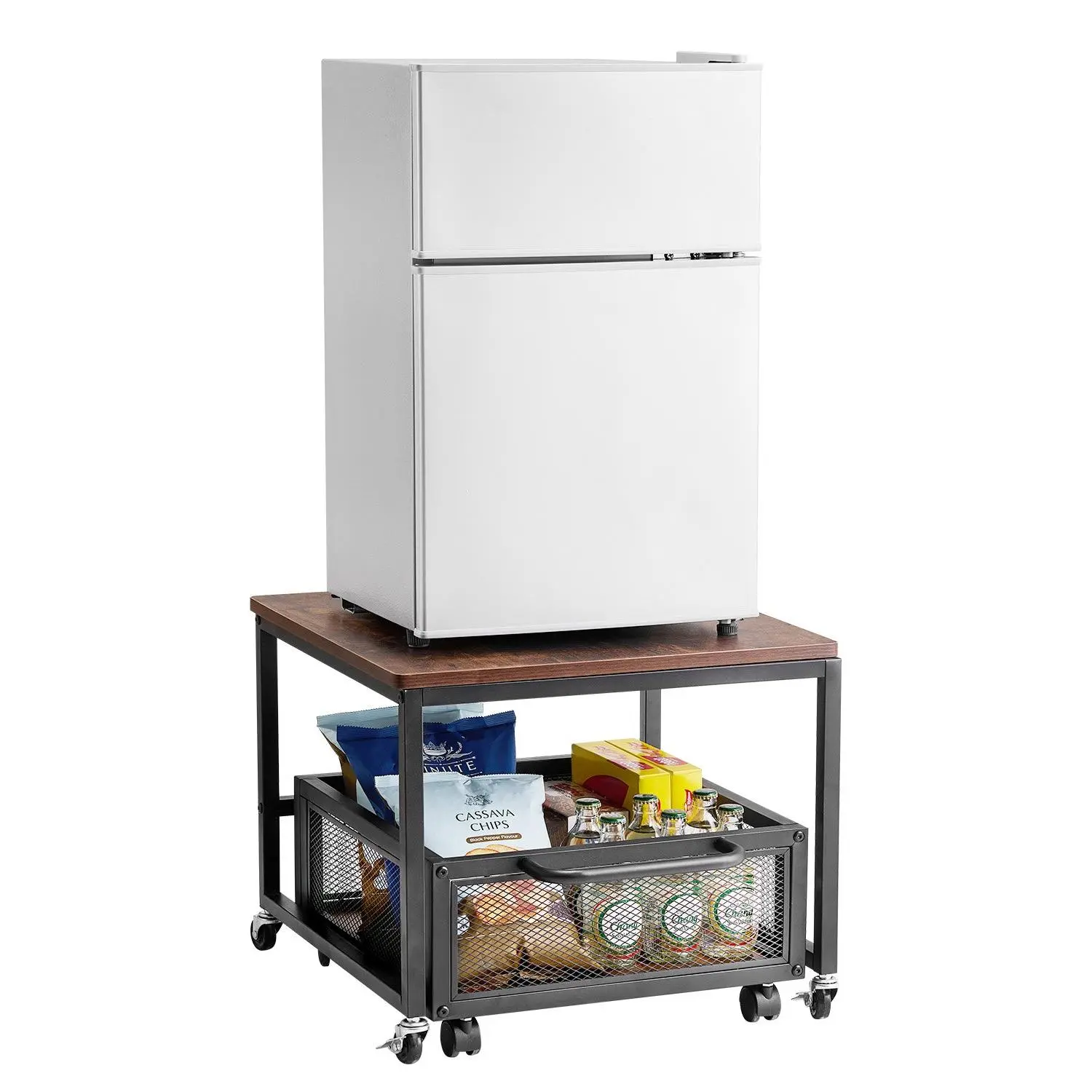 【DealsForYouDays】VEVOR Mini Fridge Stand with Storage, 198 lbs Mini Fridge Table with Movable Storage Cart Swivel Wheels, Beverage Refrigerator Stand for Coffee Bar, Mini Fridge Organizer for Home Dorm, Dark Brown