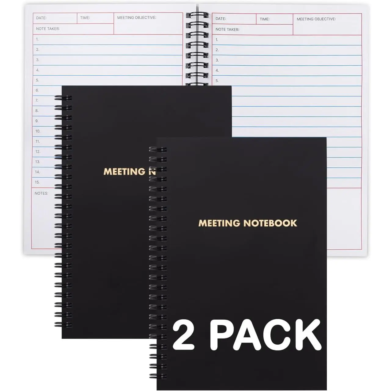 2 Pack Meeting Notebook for Work, Spiral Bound Business Notebooks with Meeting Notes Template - Black Hardcover with  Foil - 6.25 x 8.5 in - 50 Sheets - Office Note Taking Journal